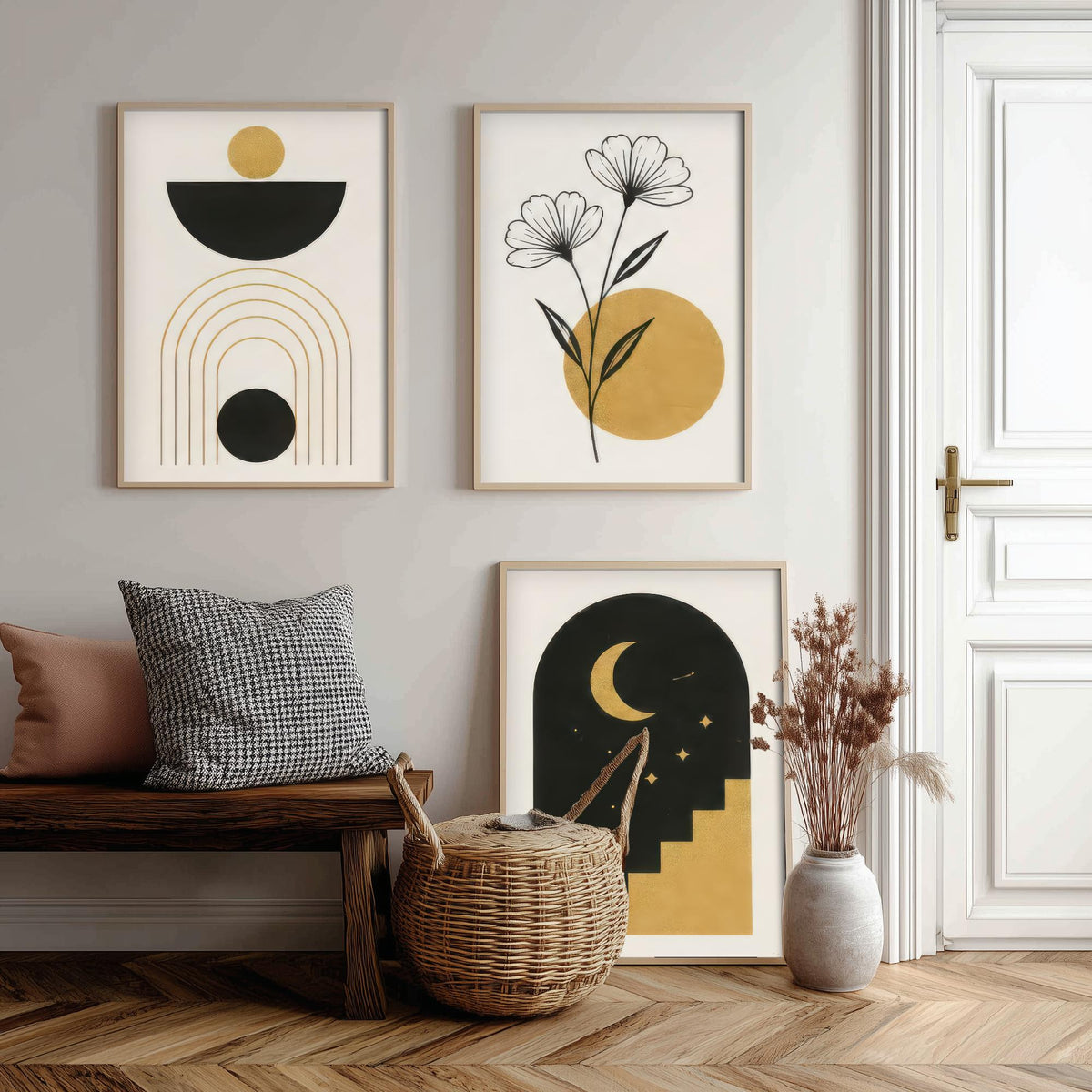 Black and Gold Celestial Set of Three Art Prints - Sun Bowl and Arches, Line Art Flowers, Moon Stairway Arch - Boho Illustration Poster V2