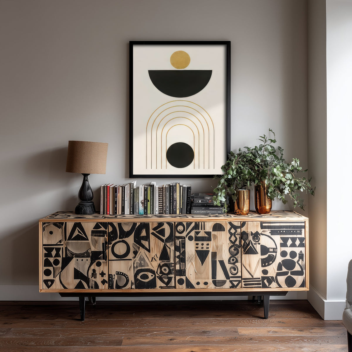 Sun Bowl and Arches Art Print - Black and Gold Celestial Poster - Boho Minimalist Illustration