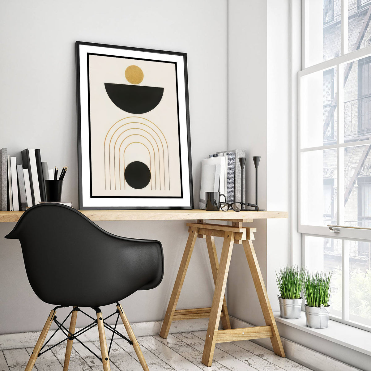 Sun Bowl and Arches Art Print - Black and Gold Celestial Poster - Boho Minimalist Illustration
