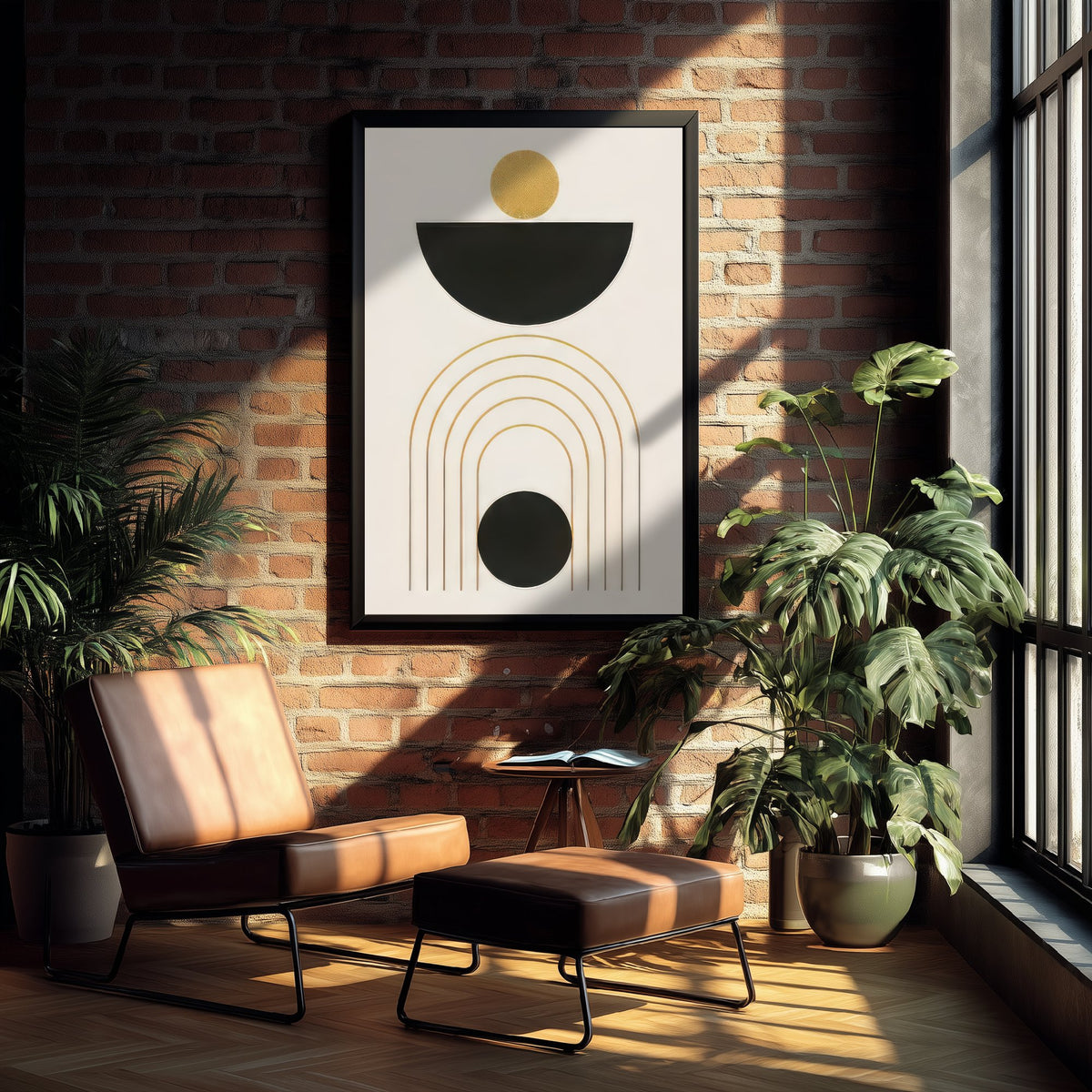 Sun Bowl and Arches Art Print - Black and Gold Celestial Poster - Boho Minimalist Illustration