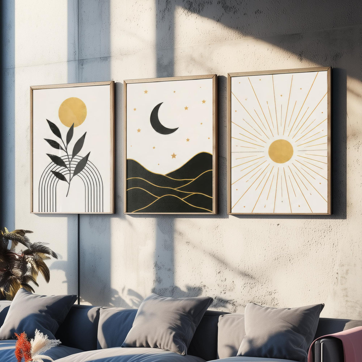 Black and Gold Celestial Set of Three Art Prints - Sun and Leaf, Crescent Moon and Mountains, Sunburst - Boho Poster Illustration V1