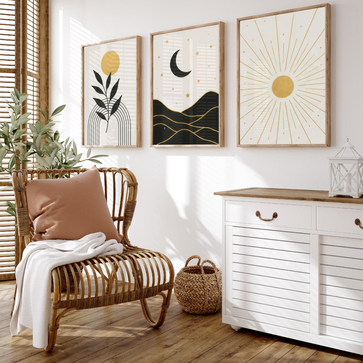 Black and Gold Celestial Set of Three Art Prints - Sun and Leaf, Crescent Moon and Mountains, Sunburst - Boho Poster Illustration V1