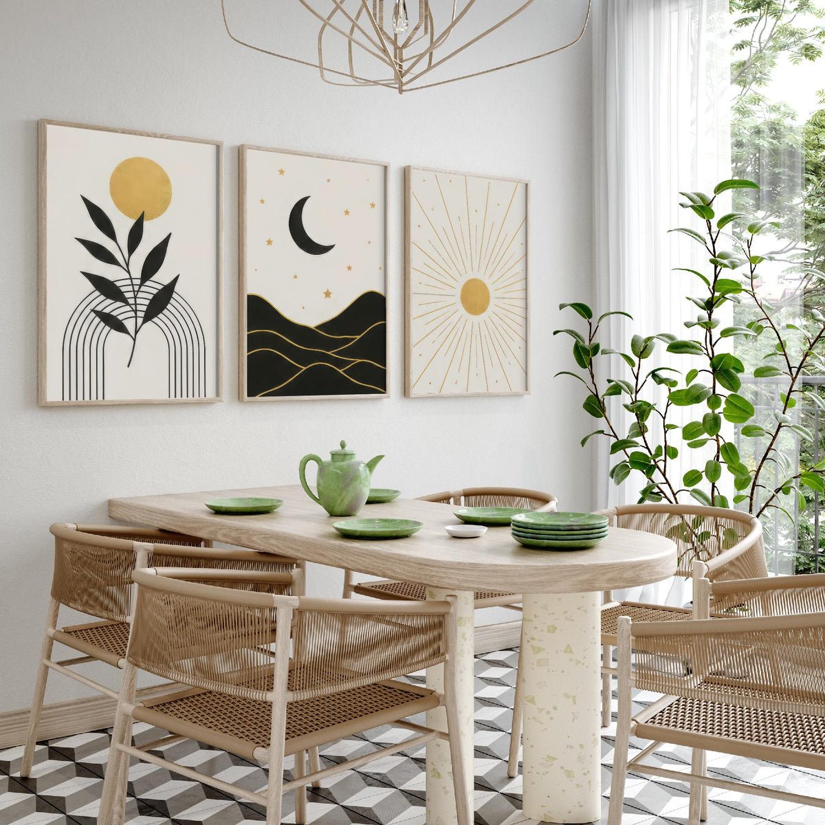 Black and Gold Celestial Set of Three Art Prints - Sun and Leaf, Crescent Moon and Mountains, Sunburst - Boho Poster Illustration V1