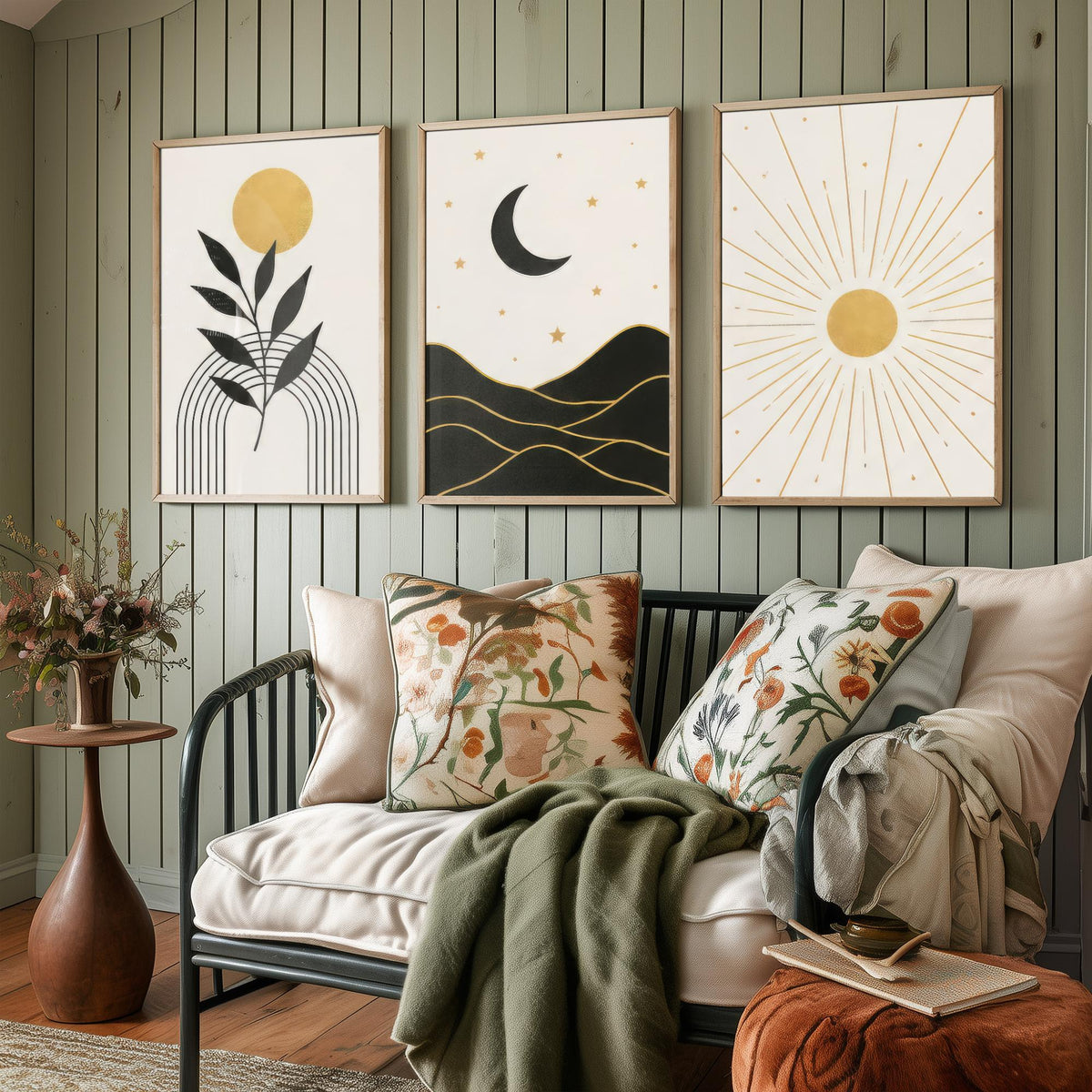 Black and Gold Celestial Set of Three Art Prints - Sun and Leaf, Crescent Moon and Mountains, Sunburst - Boho Poster Illustration V1
