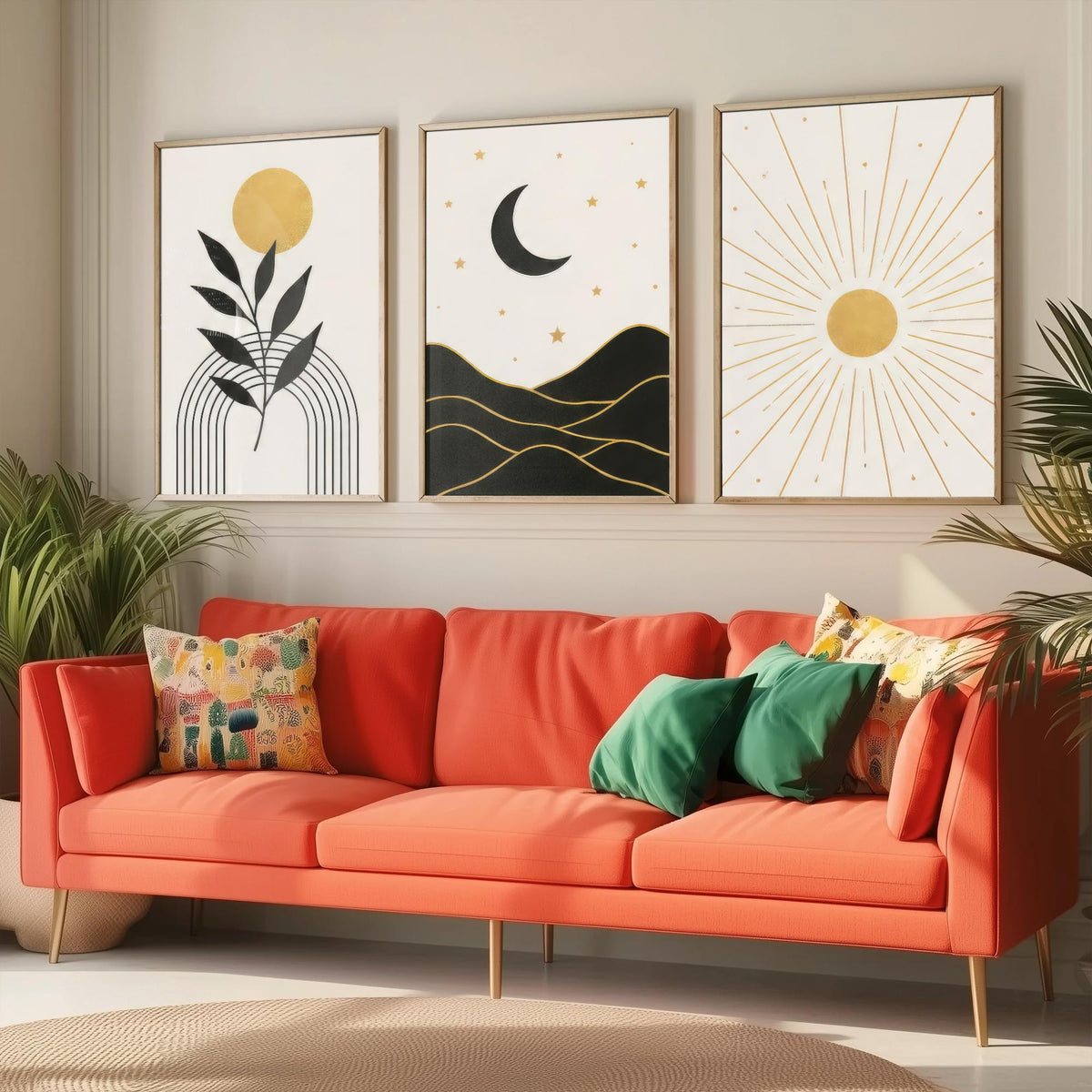 Black and Gold Celestial Set of Three Art Prints - Sun and Leaf, Crescent Moon and Mountains, Sunburst - Boho Poster Illustration V1
