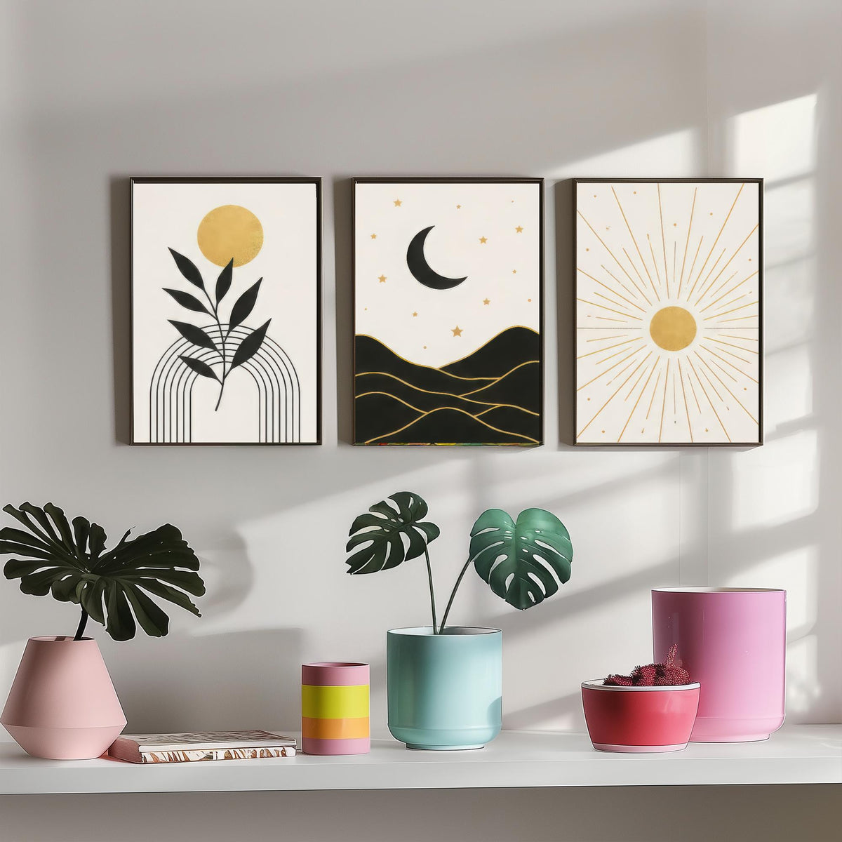Black and Gold Celestial Set of Three Art Prints - Sun and Leaf, Crescent Moon and Mountains, Sunburst - Boho Poster Illustration V1