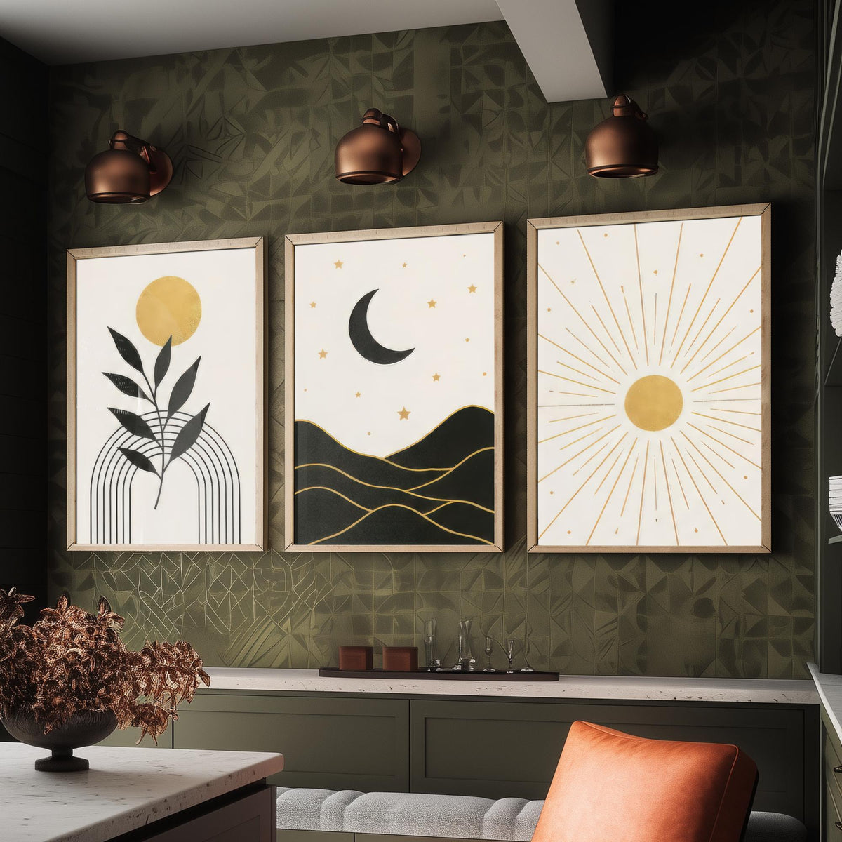 Black and Gold Celestial Set of Three Art Prints - Sun and Leaf, Crescent Moon and Mountains, Sunburst - Boho Poster Illustration V1