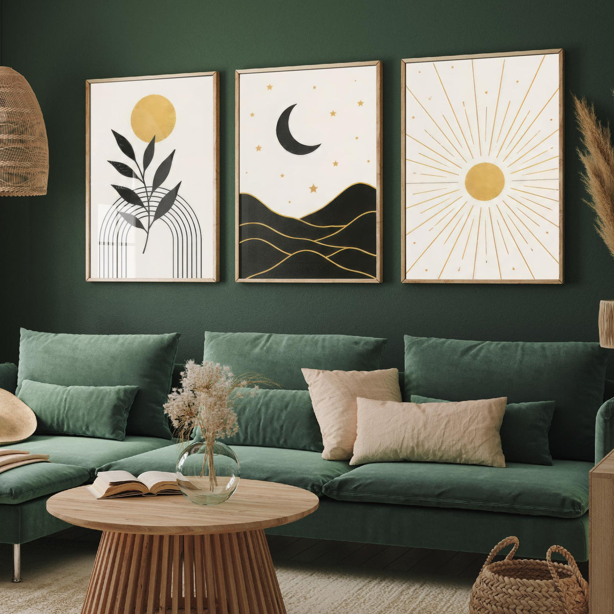 Black and Gold Celestial Set of Three Art Prints - Sun and Leaf, Crescent Moon and Mountains, Sunburst - Boho Poster Illustration V1