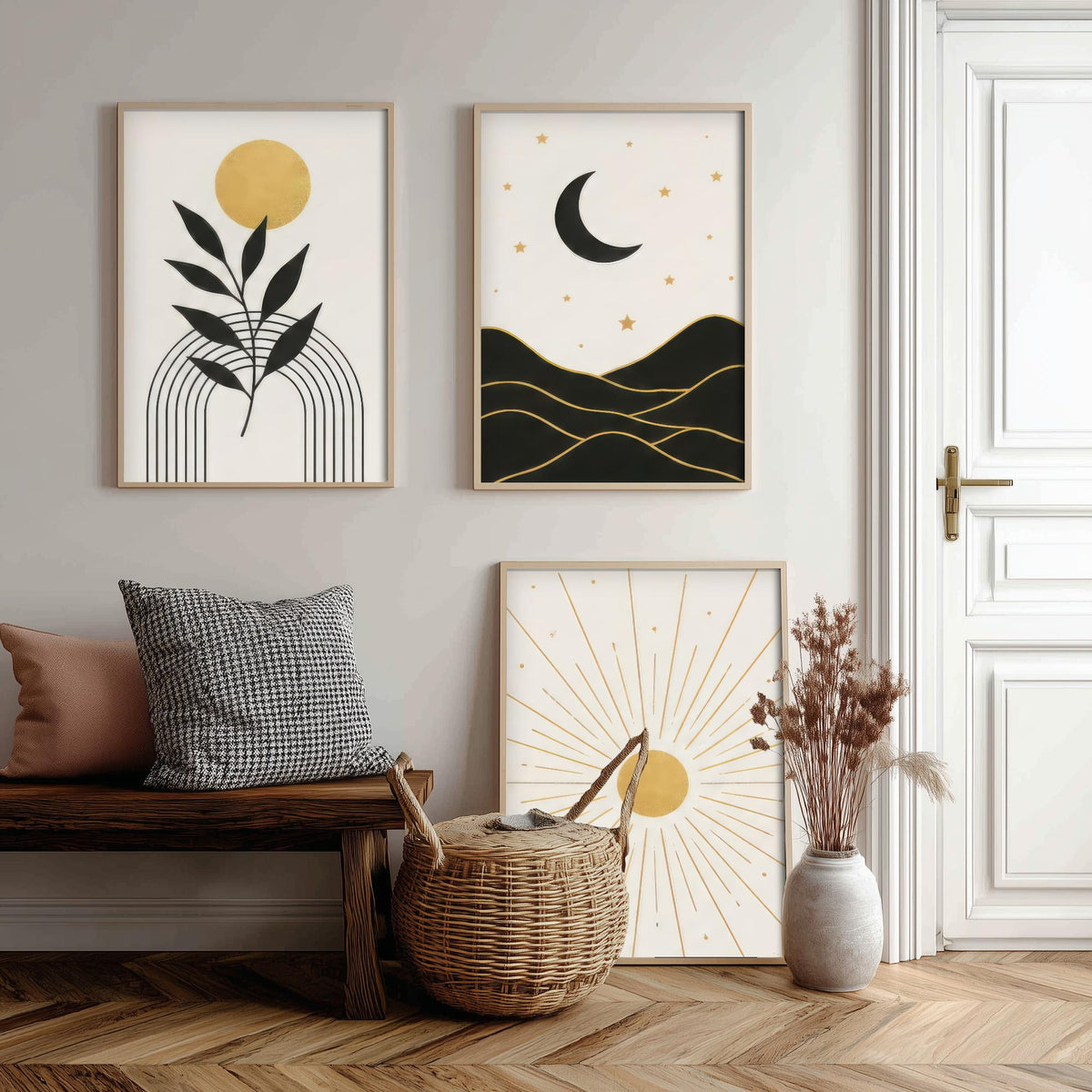 Black and Gold Celestial Set of Three Art Prints - Sun and Leaf, Crescent Moon and Mountains, Sunburst - Boho Poster Illustration V1