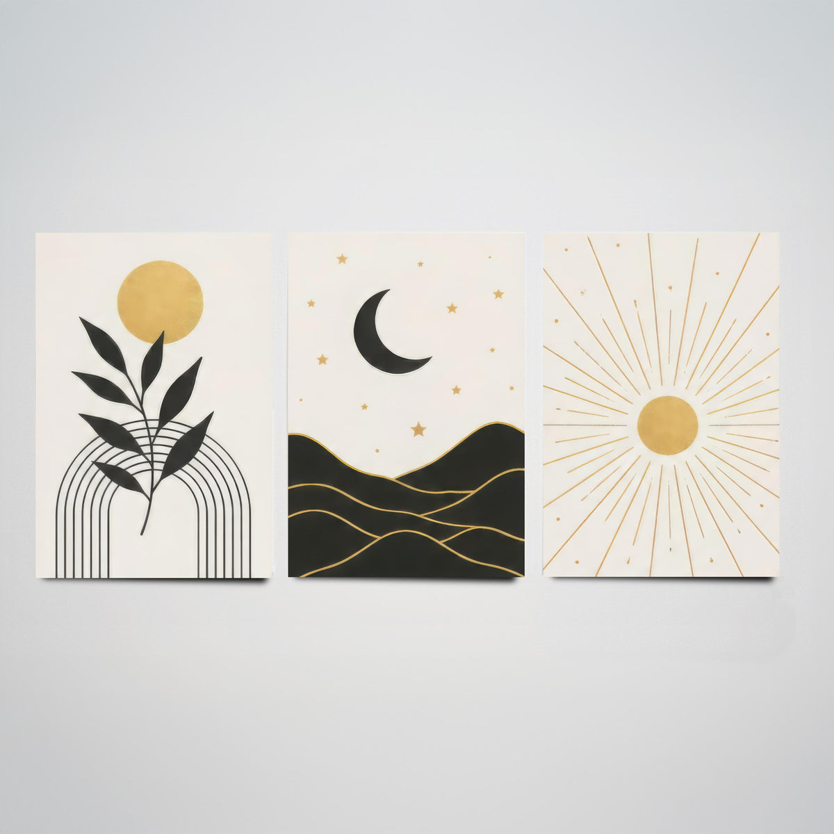 Black and Gold Celestial Set of Three Art Prints - Sun and Leaf, Crescent Moon and Mountains, Sunburst - Boho Poster Illustration V1
