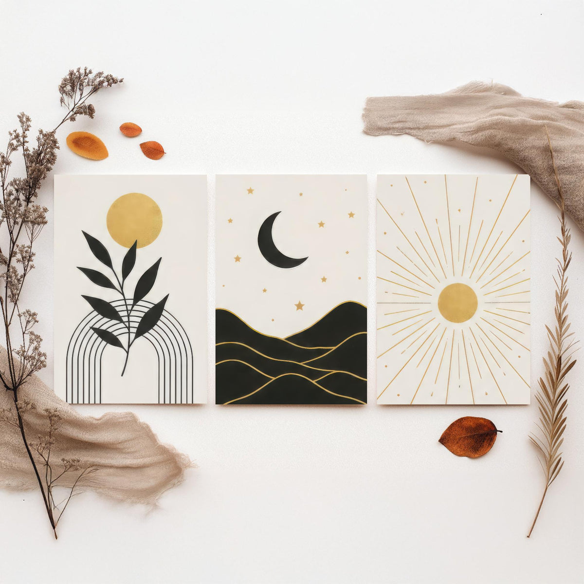 Black and Gold Celestial Set of Three Art Prints - Sun and Leaf, Crescent Moon and Mountains, Sunburst - Boho Poster Illustration V1
