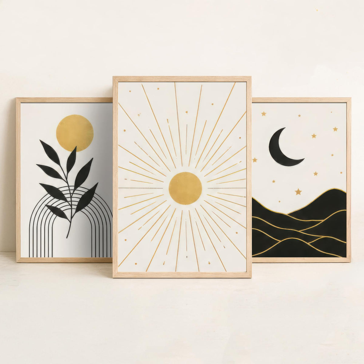 Black and Gold Celestial Set of Three Art Prints - Sun and Leaf, Crescent Moon and Mountains, Sunburst - Boho Poster Illustration V1