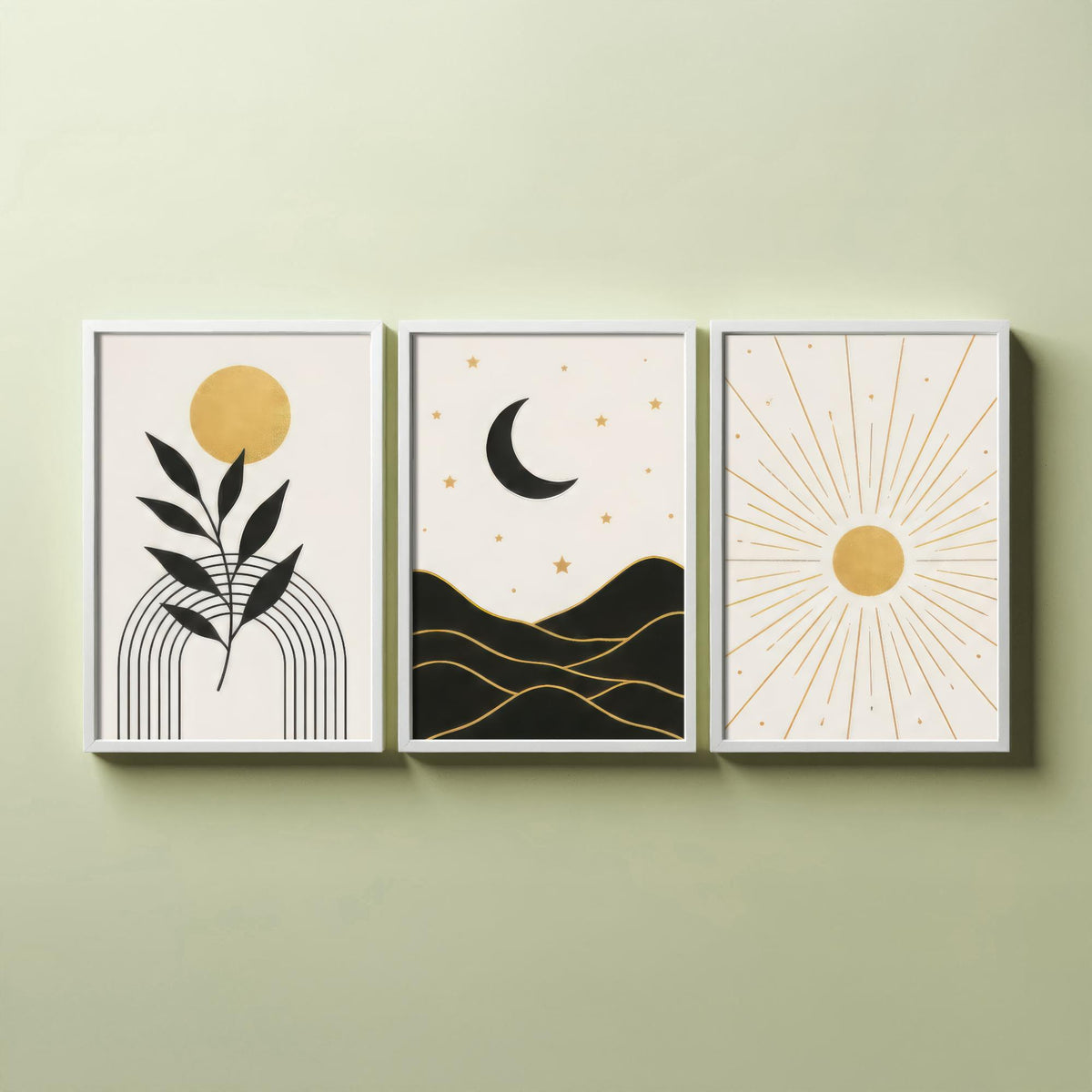 Black and Gold Celestial Set of Three Art Prints - Sun and Leaf, Crescent Moon and Mountains, Sunburst - Boho Poster Illustration V1