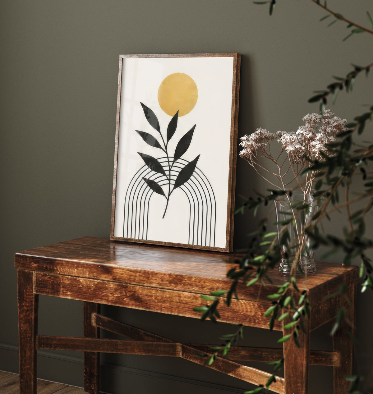Gold Sun and Leaf Art Print - Black and Gold Celestial Poster - Boho Minimalist Illustration