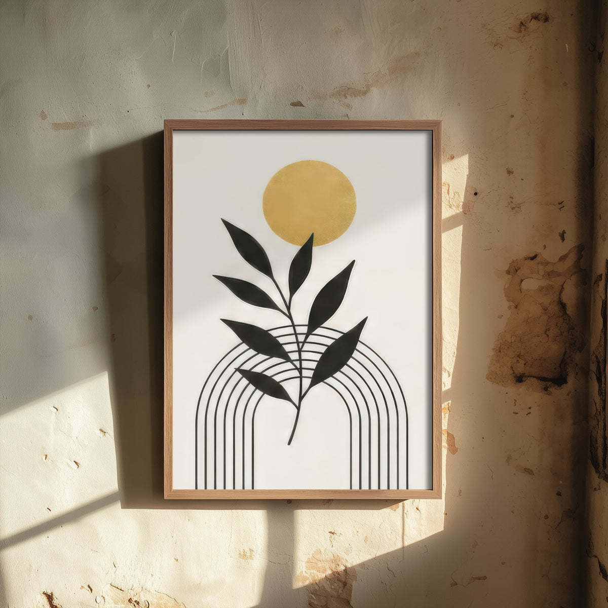 Gold Sun and Leaf Art Print - Black and Gold Celestial Poster - Boho Minimalist Illustration