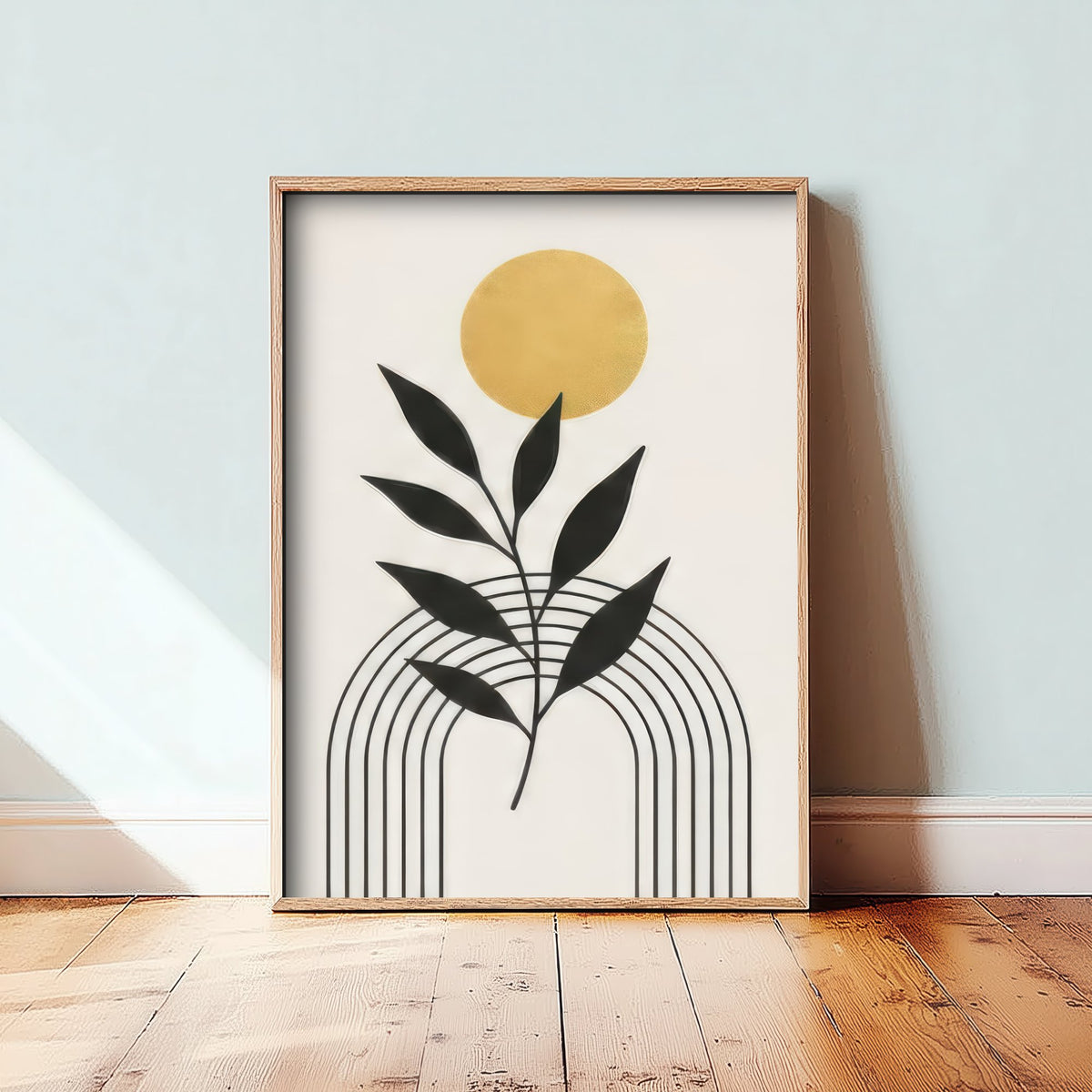 Gold Sun and Leaf Art Print - Black and Gold Celestial Poster - Boho Minimalist Illustration