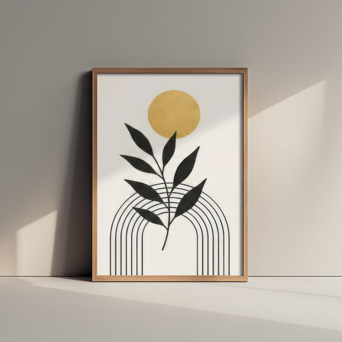 Gold Sun and Leaf Art Print - Black and Gold Celestial Poster - Boho Minimalist Illustration