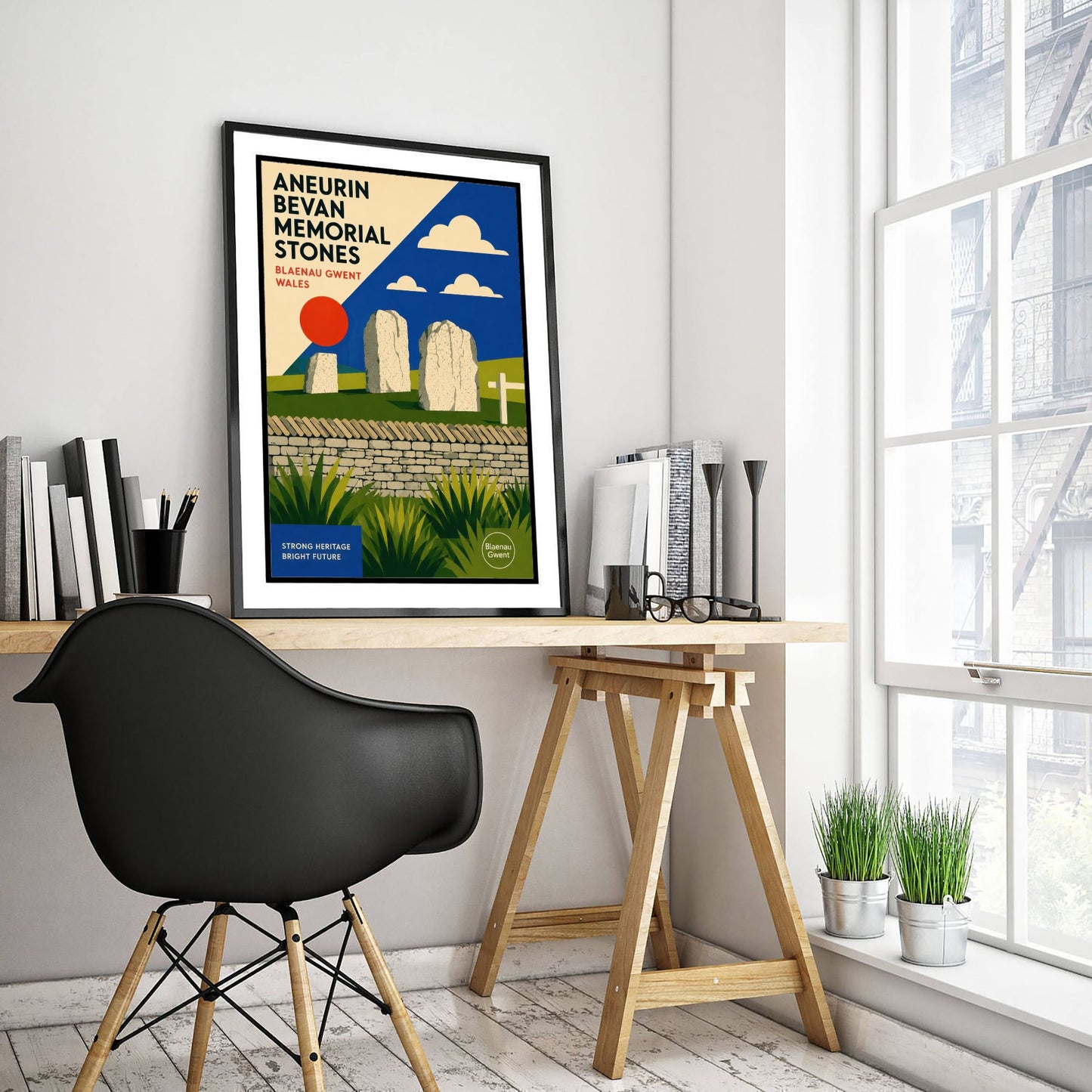 Aneurin Bevan Memorial Stones Art Print - Blaenau Gwent Wales Travel Poster - Bauhaus Illustration 1/3