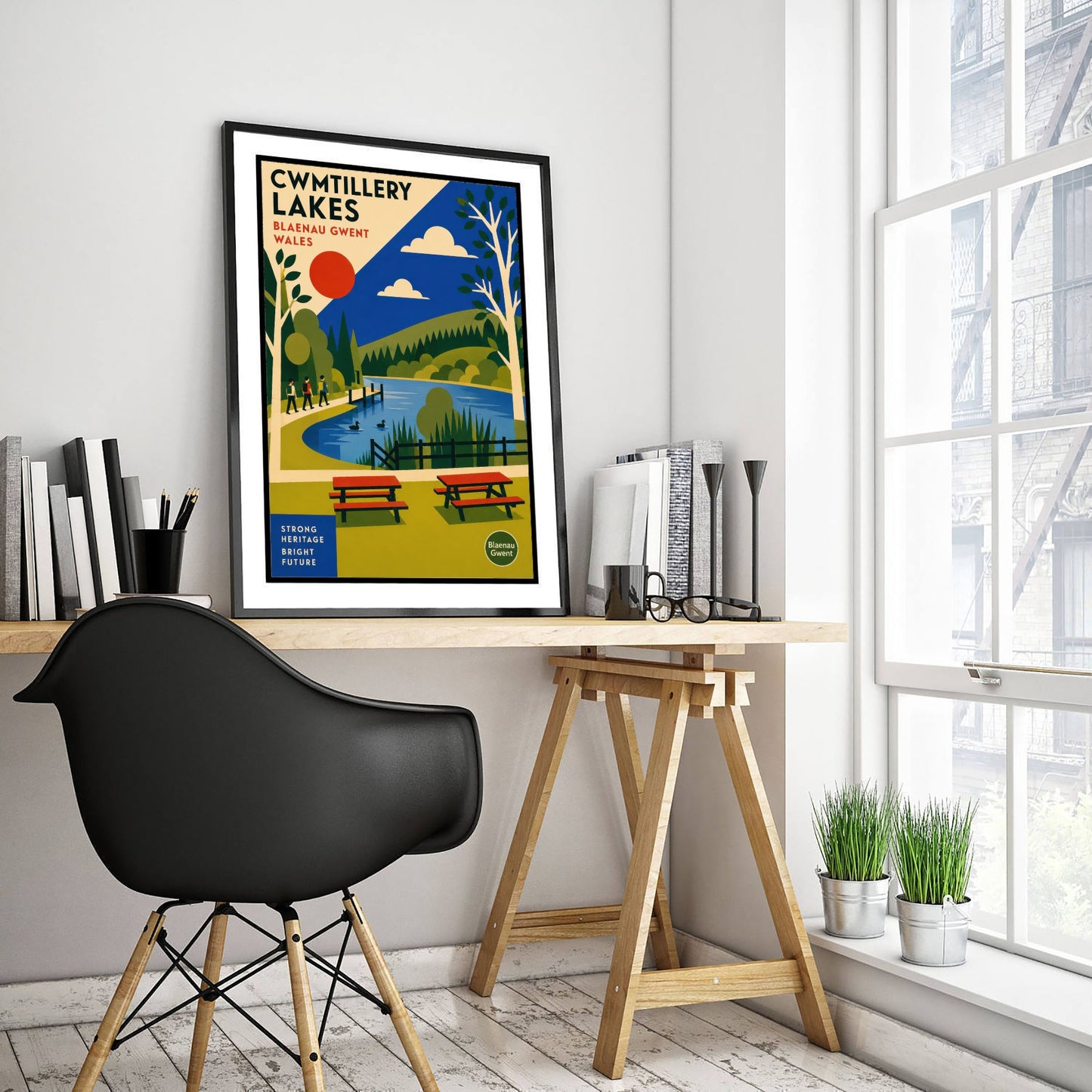 Cwmtillery Lakes Art Print - Blaenau Gwent Wales Travel Poster - Bauhaus Illustration 3/3