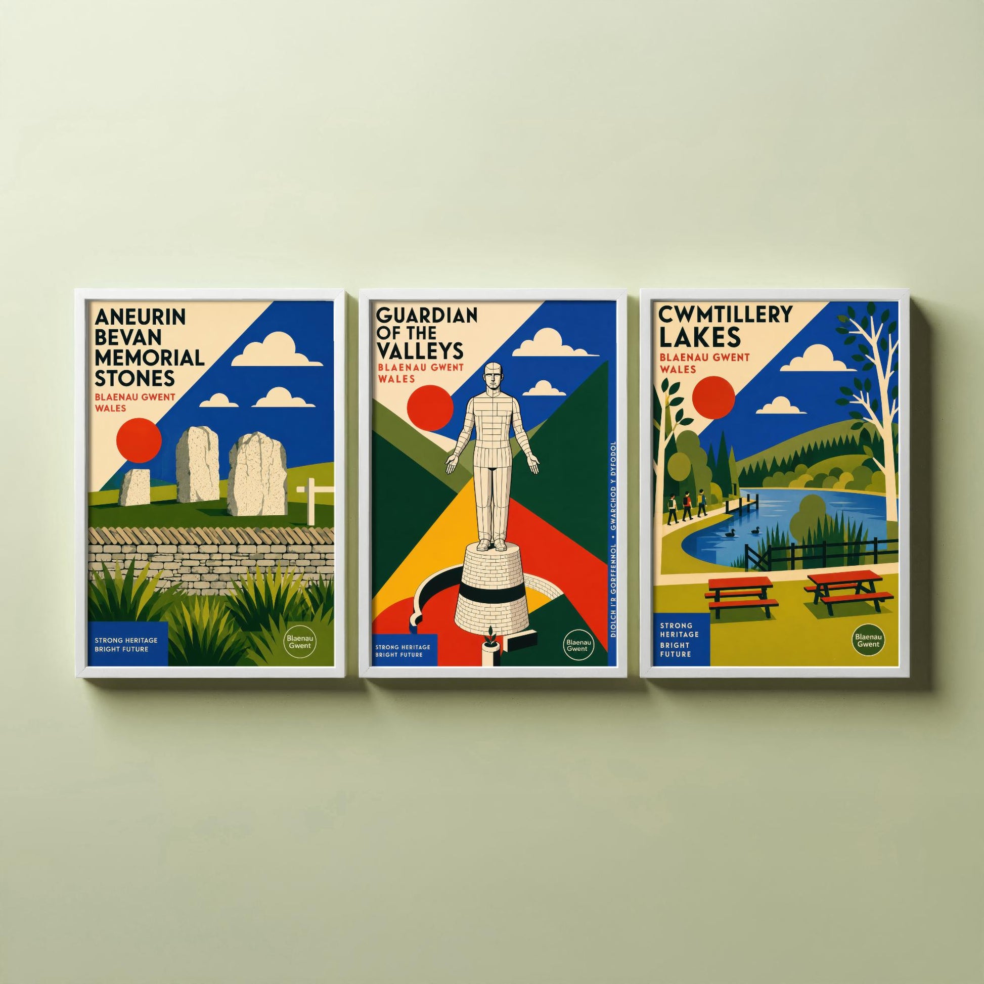 Blaenau Gwent Wales Set of Three Travel Posters - Aneurin Bevan Stones, Guardian of the Valleys, Cwmtillery Lakes - Art Print Illustration