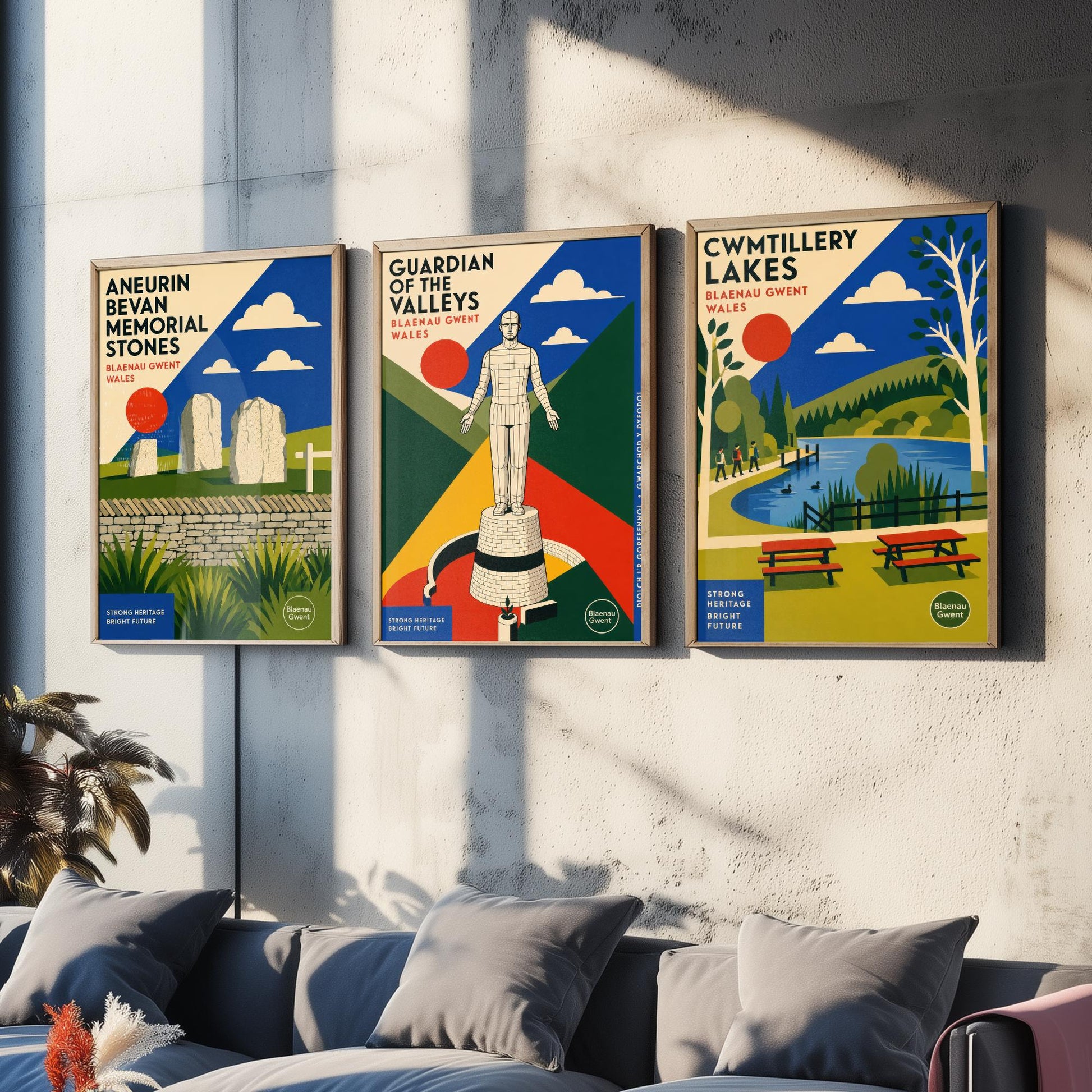 Blaenau Gwent Wales Set of Three Travel Posters - Aneurin Bevan Stones, Guardian of the Valleys, Cwmtillery Lakes - Art Print Illustration