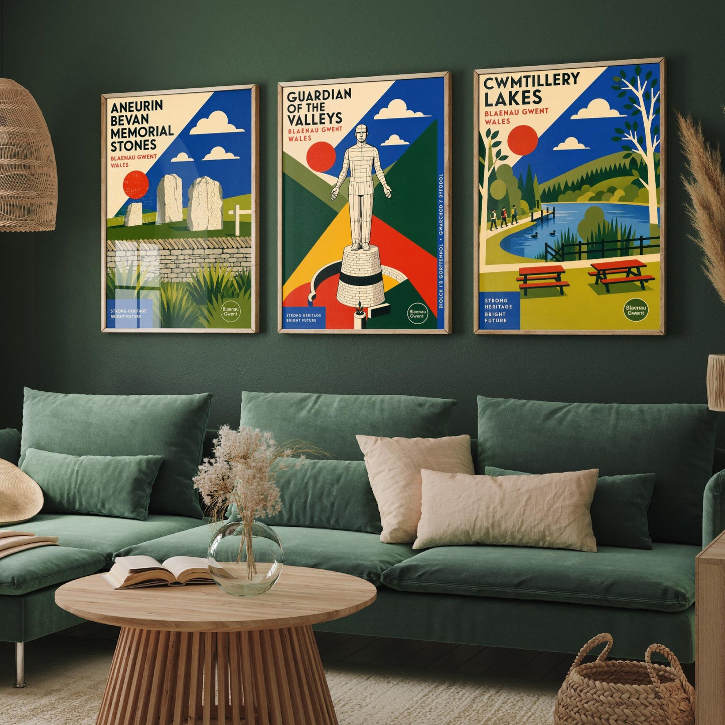 Blaenau Gwent Wales Set of Three Travel Posters - Aneurin Bevan Stones, Guardian of the Valleys, Cwmtillery Lakes - Art Print Illustration