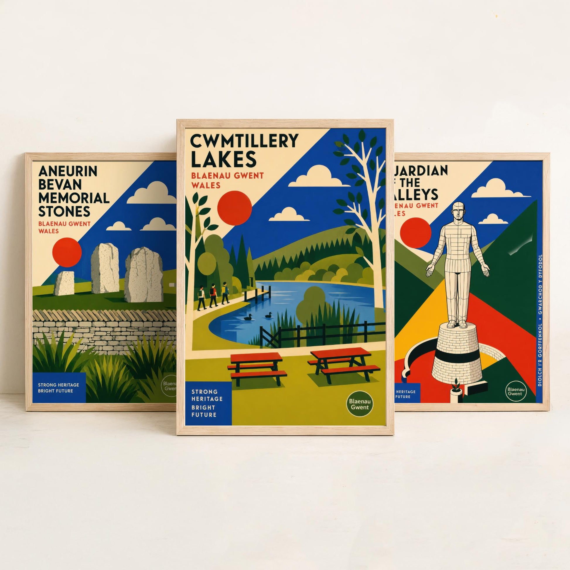 Blaenau Gwent Wales Set of Three Travel Posters - Aneurin Bevan Stones, Guardian of the Valleys, Cwmtillery Lakes - Art Print Illustration
