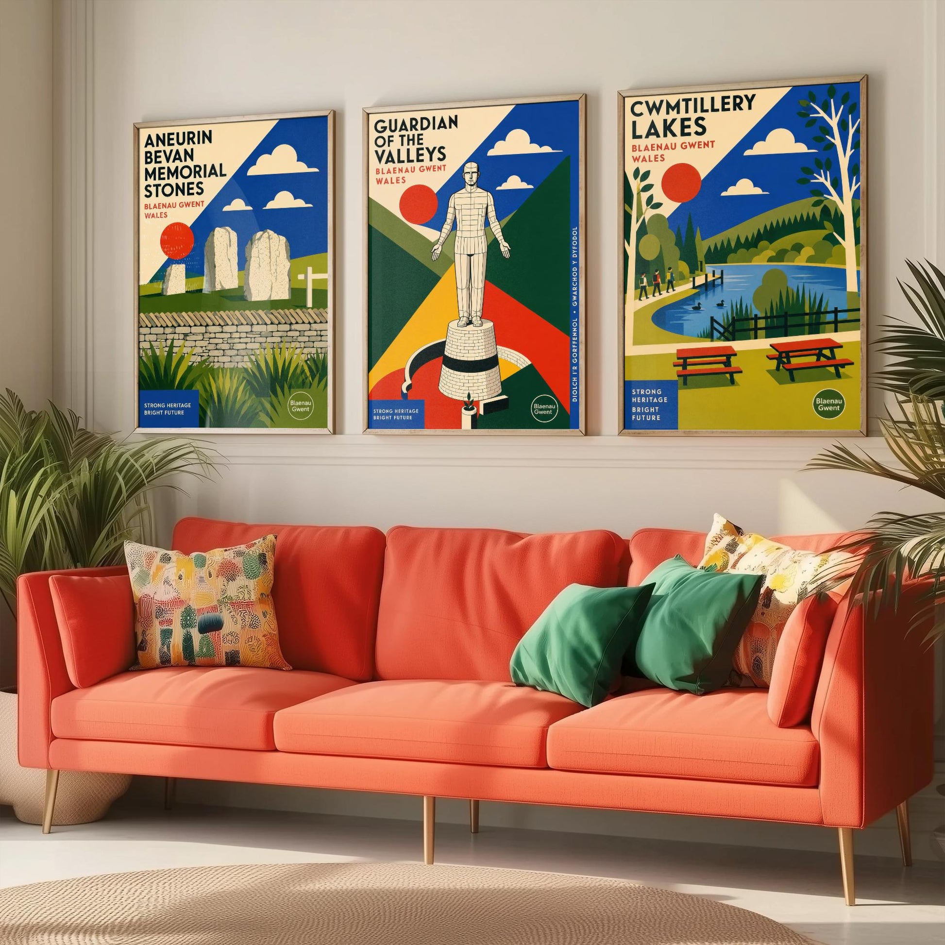 Blaenau Gwent Wales Set of Three Travel Posters - Aneurin Bevan Stones, Guardian of the Valleys, Cwmtillery Lakes - Art Print Illustration