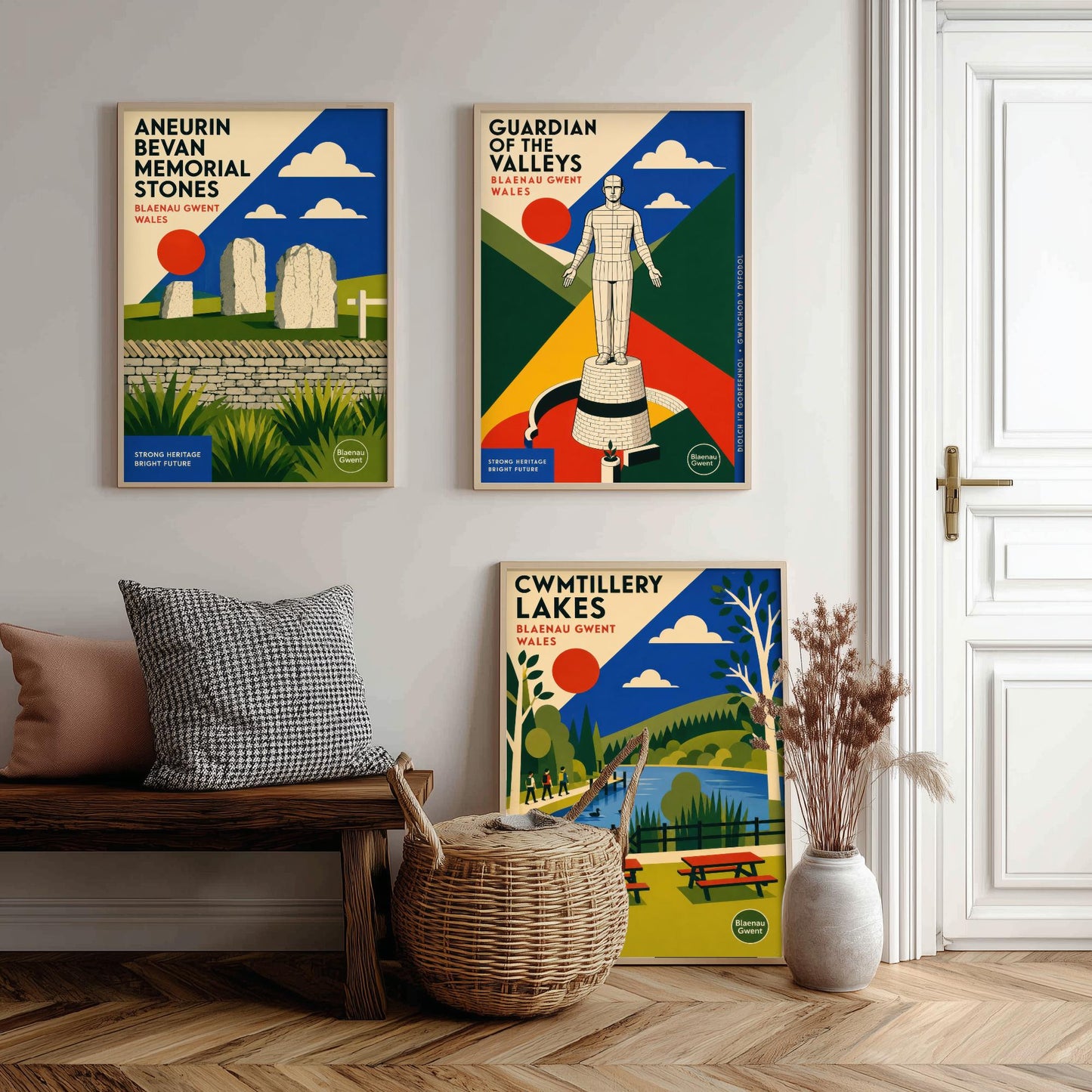 Blaenau Gwent Wales Set of Three Travel Posters - Aneurin Bevan Stones, Guardian of the Valleys, Cwmtillery Lakes - Art Print Illustration
