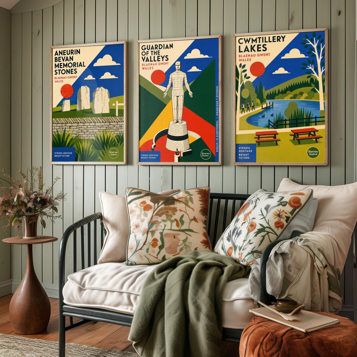 Blaenau Gwent Wales Set of Three Travel Posters - Aneurin Bevan Stones, Guardian of the Valleys, Cwmtillery Lakes - Art Print Illustration