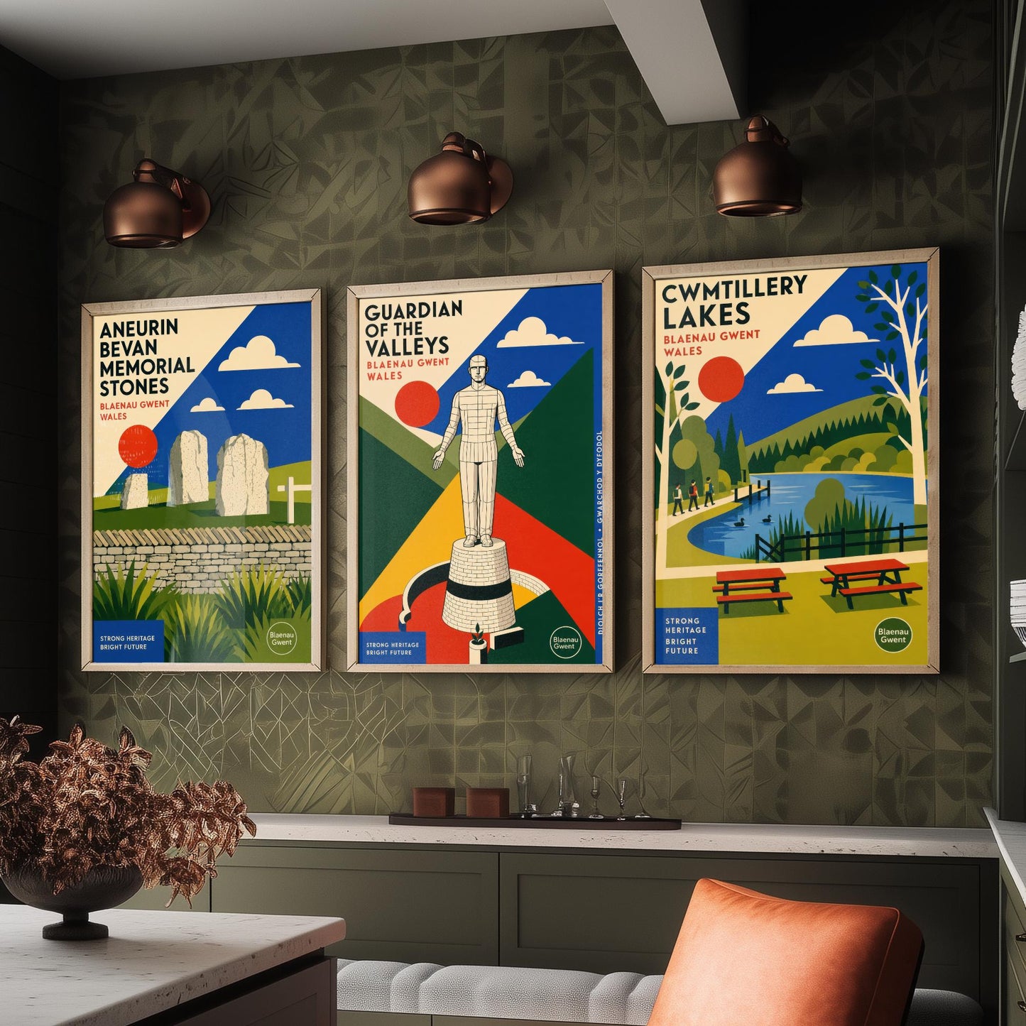 Blaenau Gwent Wales Set of Three Travel Posters - Aneurin Bevan Stones, Guardian of the Valleys, Cwmtillery Lakes - Art Print Illustration