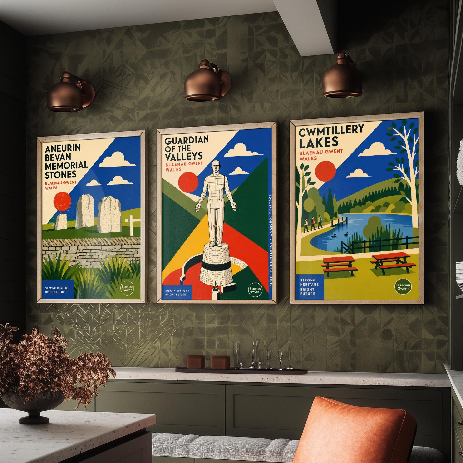 Blaenau Gwent Wales Set of Three Travel Posters - Aneurin Bevan Stones, Guardian of the Valleys, Cwmtillery Lakes - Art Print Illustration