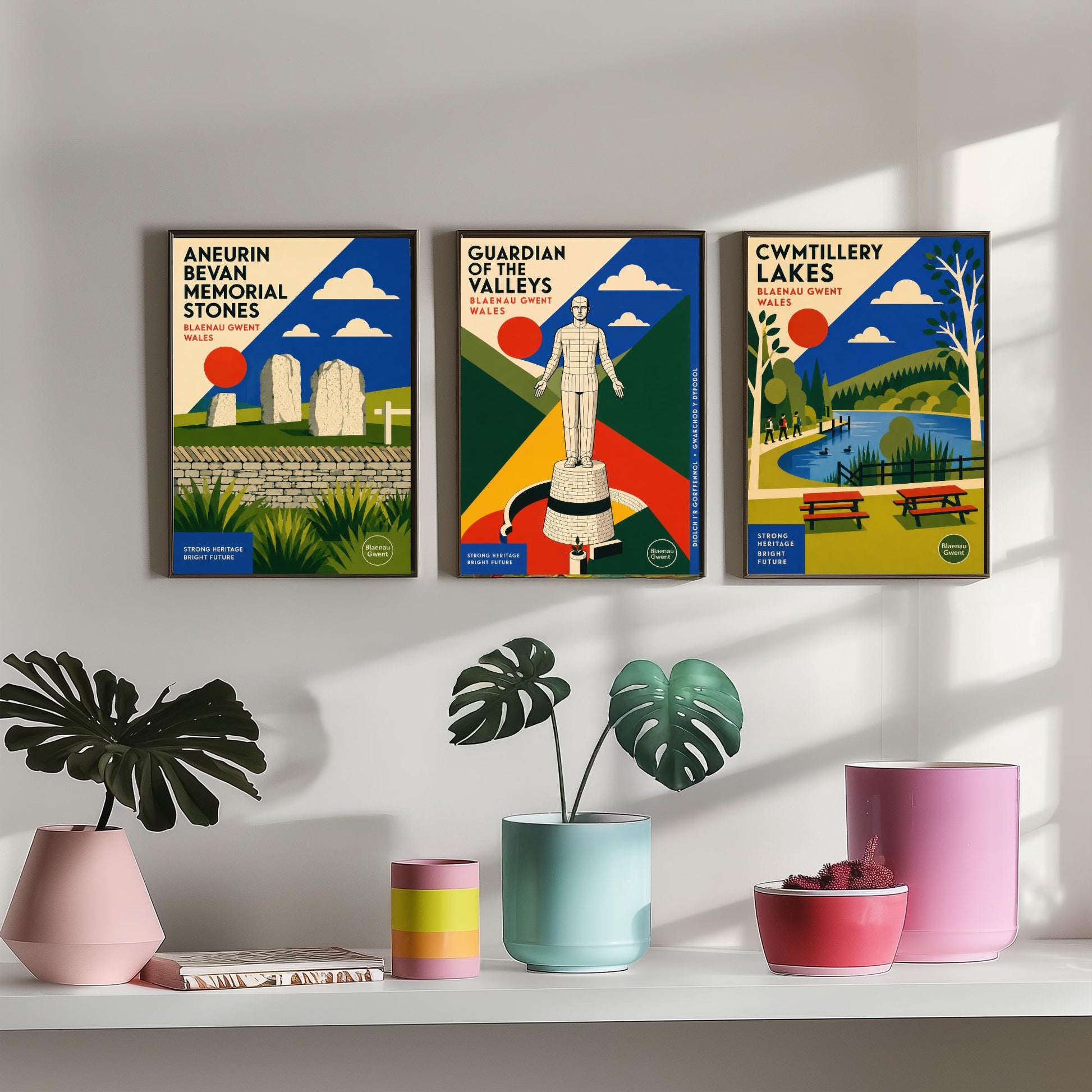 Blaenau Gwent Wales Set of Three Travel Posters - Aneurin Bevan Stones, Guardian of the Valleys, Cwmtillery Lakes - Art Print Illustration