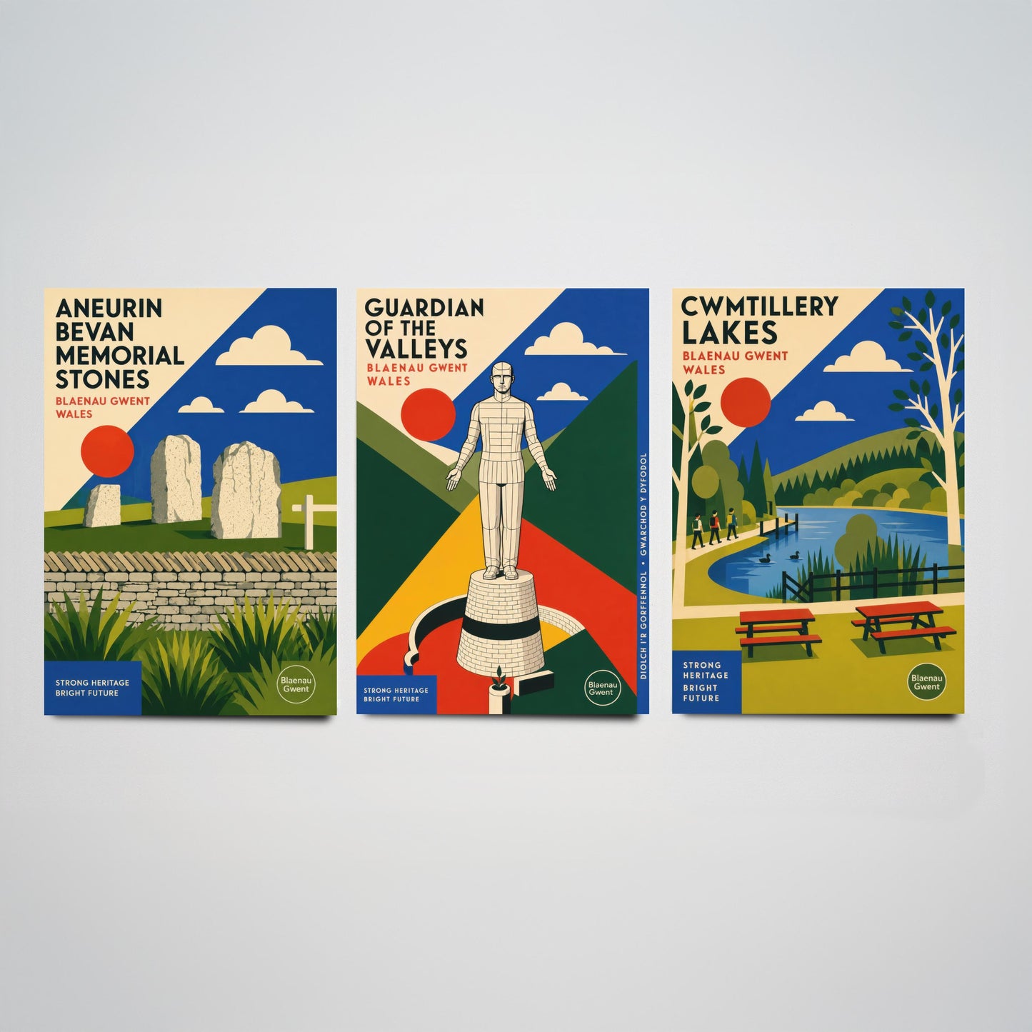 Blaenau Gwent Wales Set of Three Travel Posters - Aneurin Bevan Stones, Guardian of the Valleys, Cwmtillery Lakes - Art Print Illustration