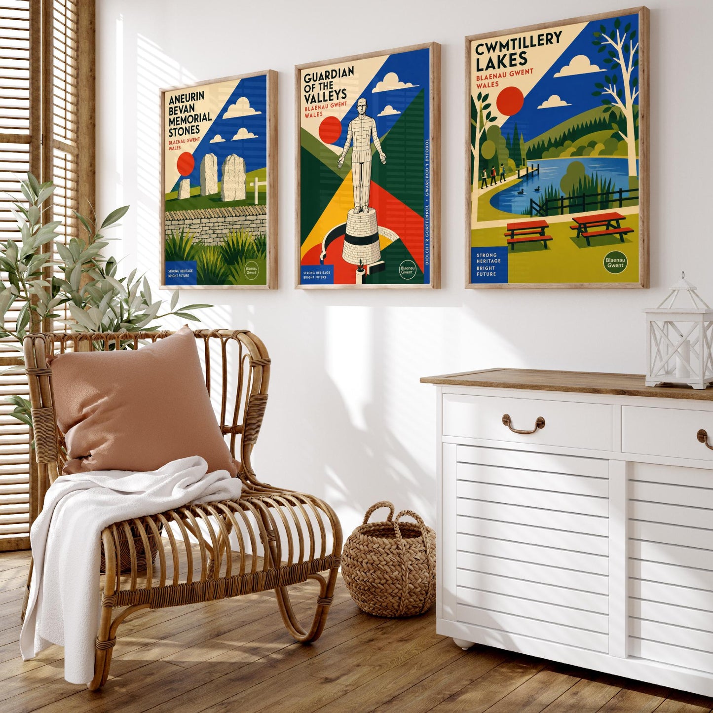Blaenau Gwent Wales Set of Three Travel Posters - Aneurin Bevan Stones, Guardian of the Valleys, Cwmtillery Lakes - Art Print Illustration