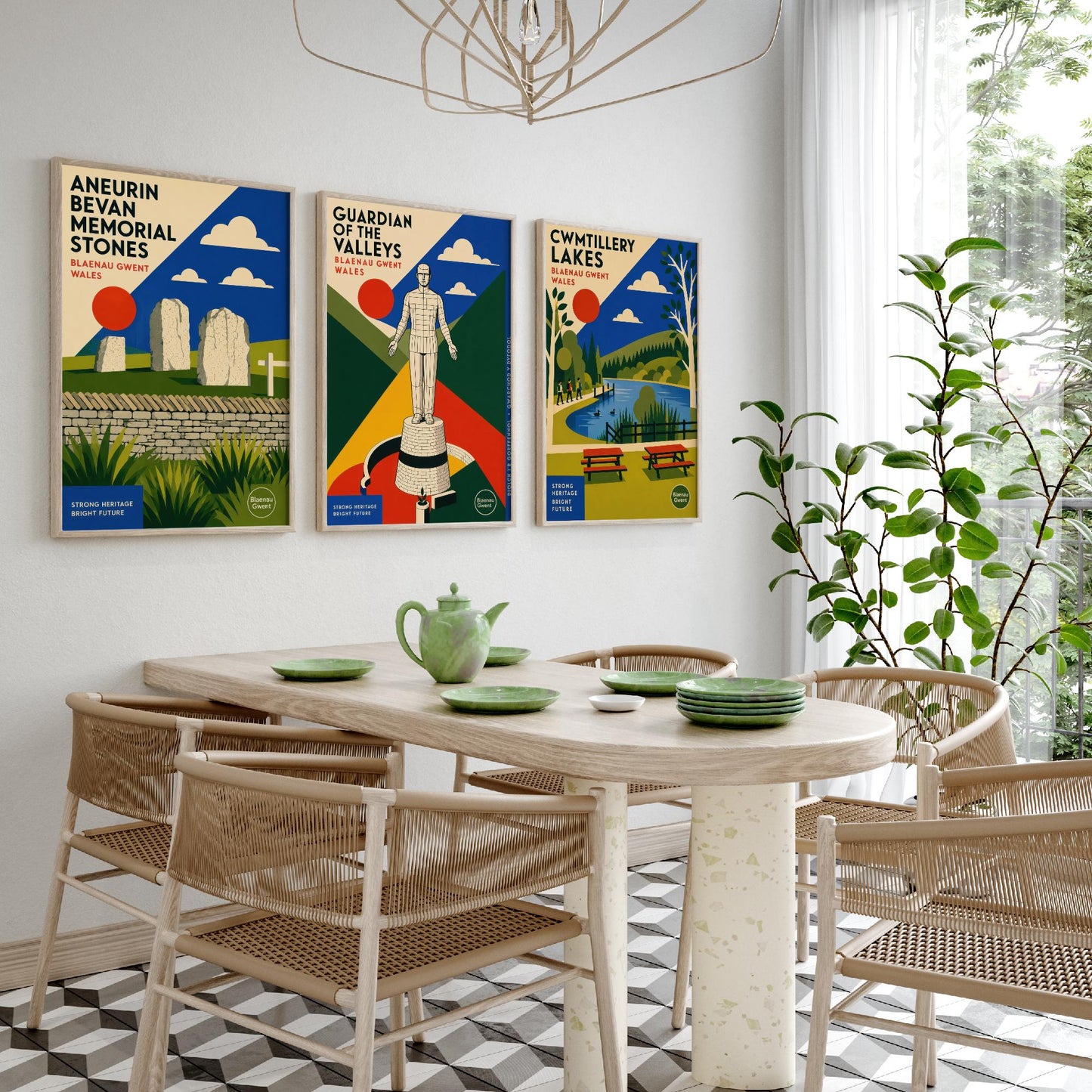 Blaenau Gwent Wales Set of Three Travel Posters - Aneurin Bevan Stones, Guardian of the Valleys, Cwmtillery Lakes - Art Print Illustration