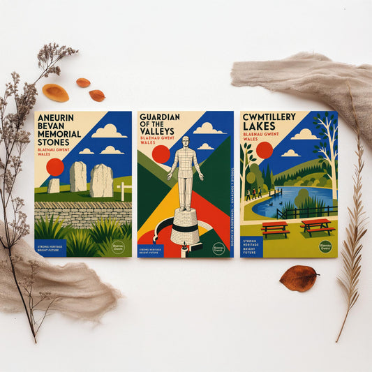 Blaenau Gwent Wales Set of Three Travel Posters - Aneurin Bevan Stones, Guardian of the Valleys, Cwmtillery Lakes - Art Print Illustration