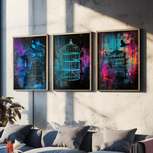 Blue Bird Cage Set of Three Art Prints - Neon Grunge Birdcage Posters - Teal Pink Street Art Style Illustration Wall Decor