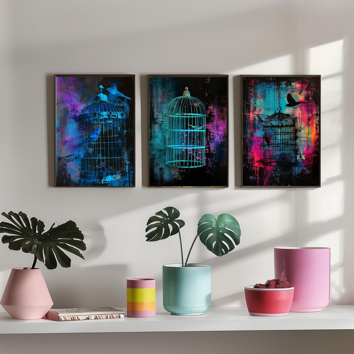 Blue Bird Cage Set of Three Art Prints - Neon Grunge Birdcage Posters - Teal Pink Street Art Style Illustration Wall Decor