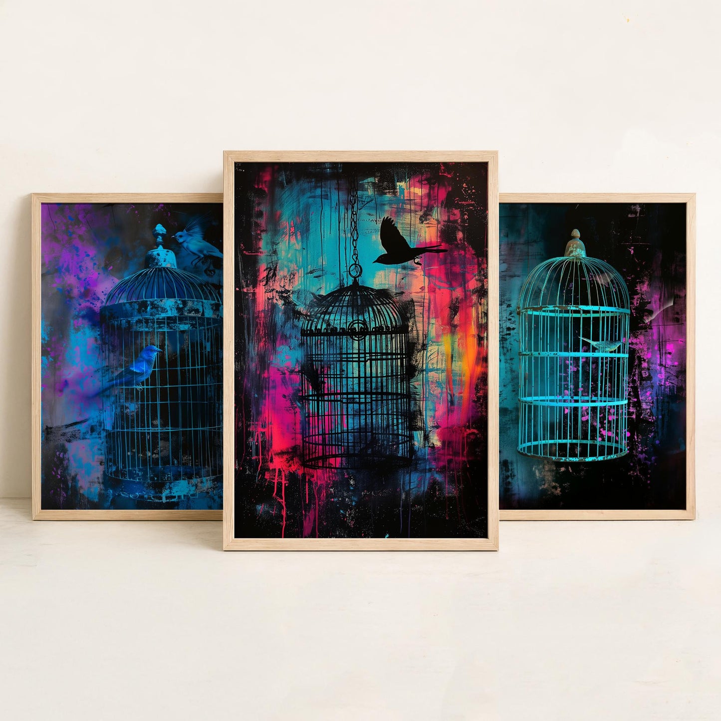 Blue Bird Cage Set of Three Art Prints - Neon Grunge Birdcage Posters - Teal Pink Street Art Style Illustration Wall Decor