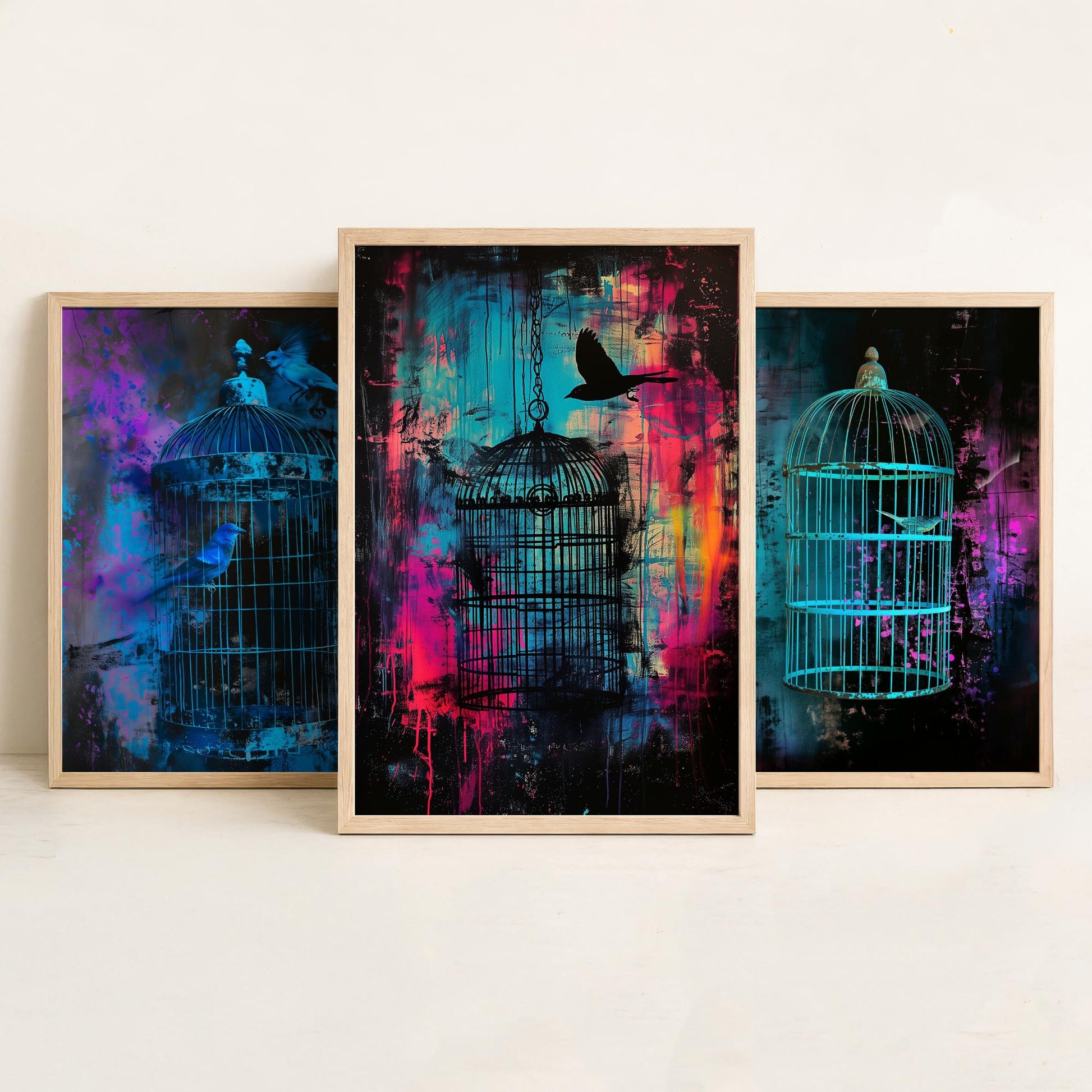 Blue Bird Cage Set of Three Art Prints - Neon Grunge Birdcage Posters - Teal Pink Street Art Style Illustration Wall Decor