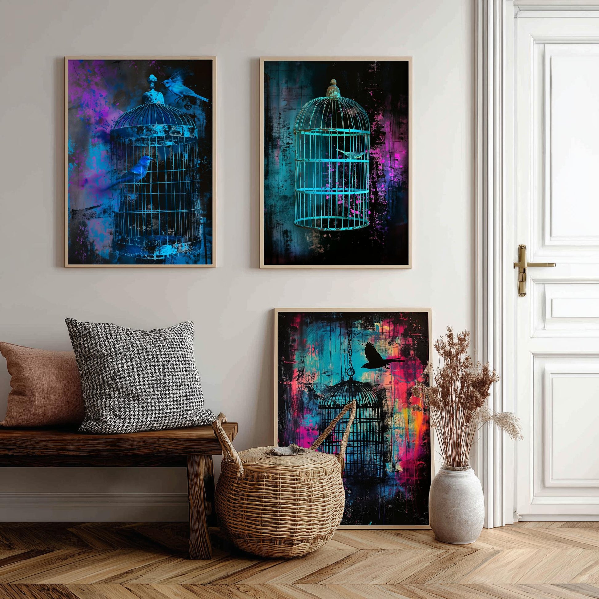 Blue Bird Cage Set of Three Art Prints - Neon Grunge Birdcage Posters - Teal Pink Street Art Style Illustration Wall Decor