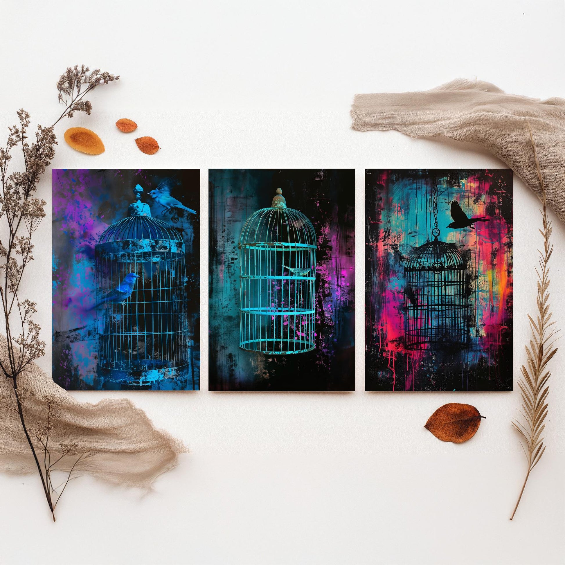 Blue Bird Cage Set of Three Art Prints - Neon Grunge Birdcage Posters - Teal Pink Street Art Style Illustration Wall Decor