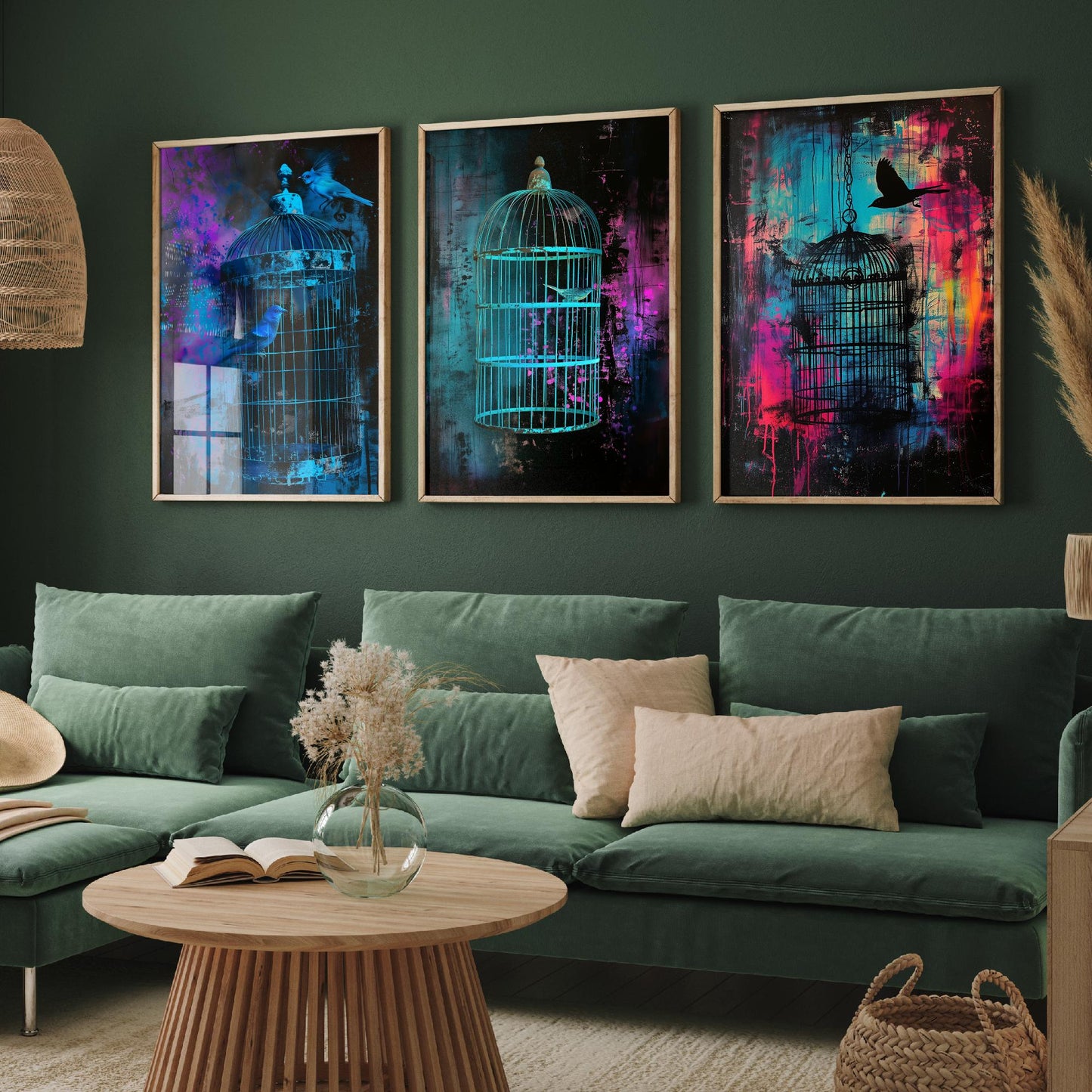 Blue Bird Cage Set of Three Art Prints - Neon Grunge Birdcage Posters - Teal Pink Street Art Style Illustration Wall Decor