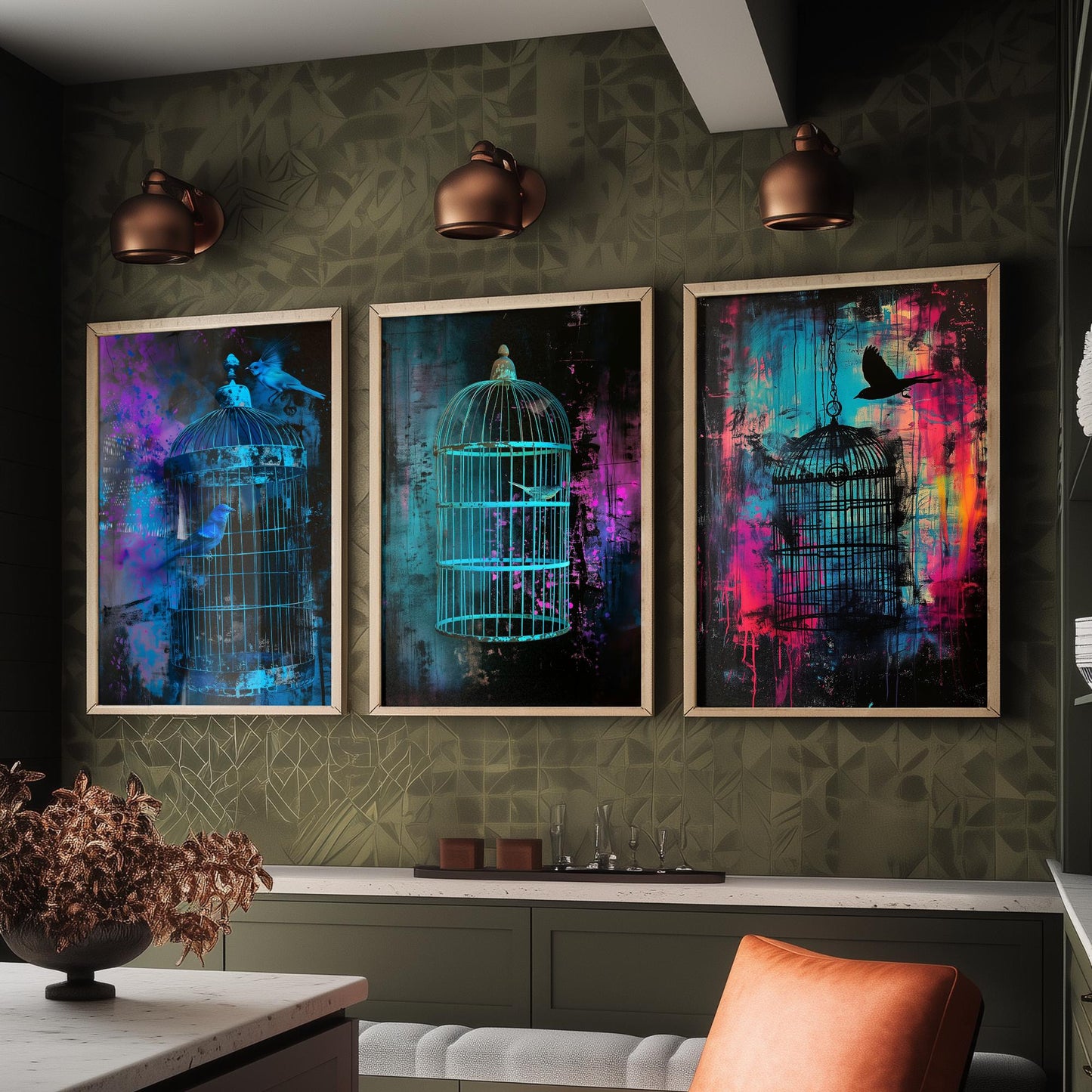 Blue Bird Cage Set of Three Art Prints - Neon Grunge Birdcage Posters - Teal Pink Street Art Style Illustration Wall Decor