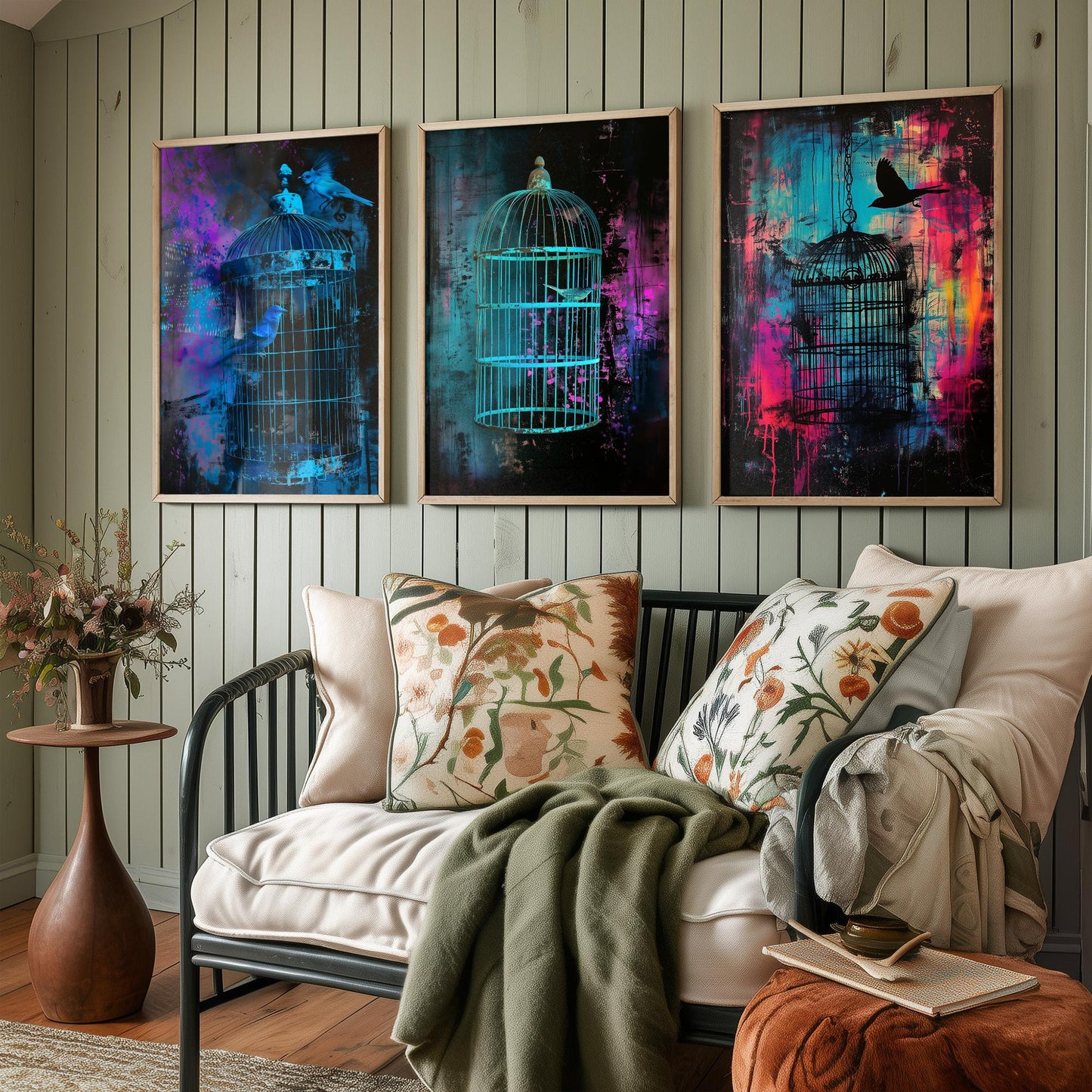 Blue Bird Cage Set of Three Art Prints - Neon Grunge Birdcage Posters - Teal Pink Street Art Style Illustration Wall Decor