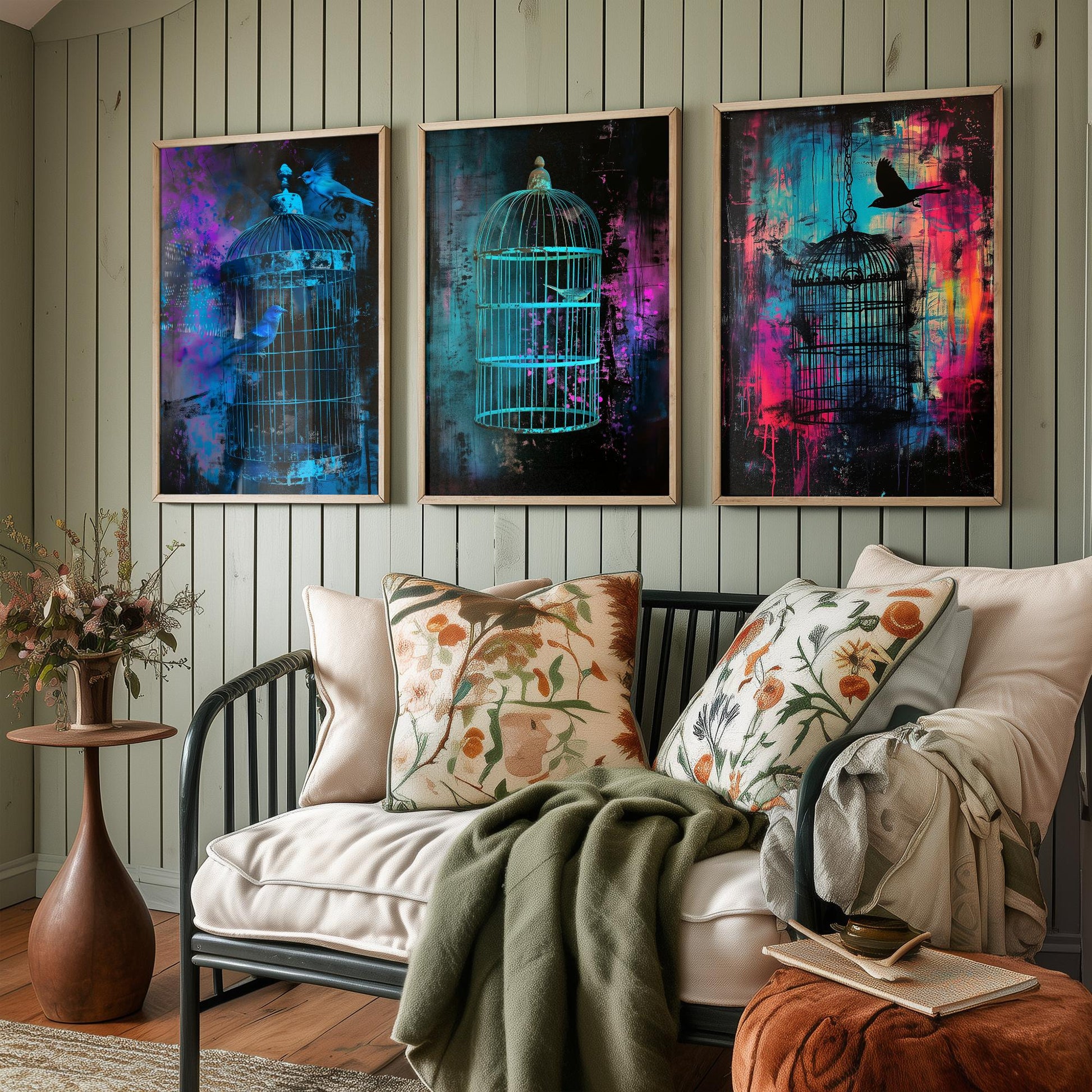 Blue Bird Cage Set of Three Art Prints - Neon Grunge Birdcage Posters - Teal Pink Street Art Style Illustration Wall Decor