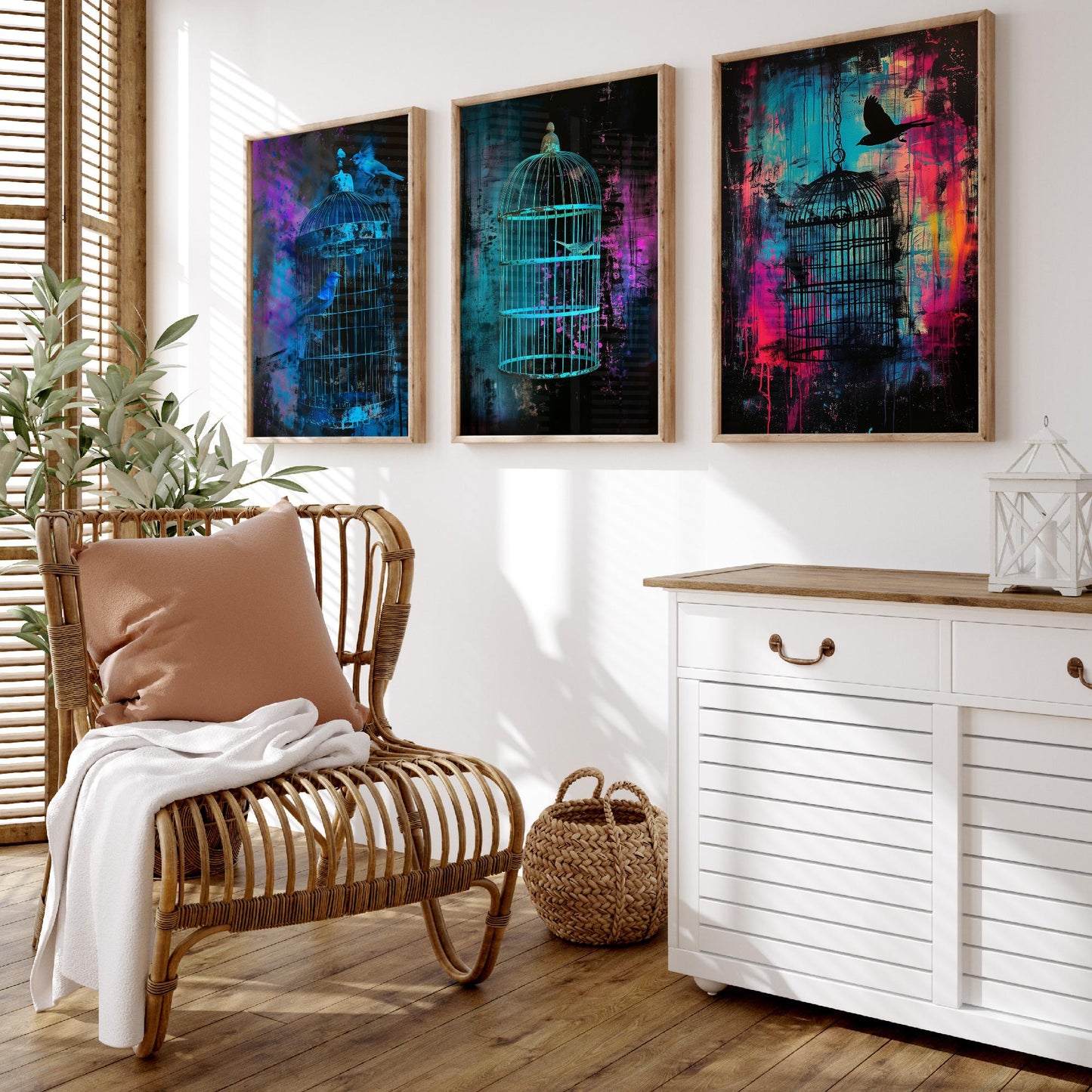 Blue Bird Cage Set of Three Art Prints - Neon Grunge Birdcage Posters - Teal Pink Street Art Style Illustration Wall Decor