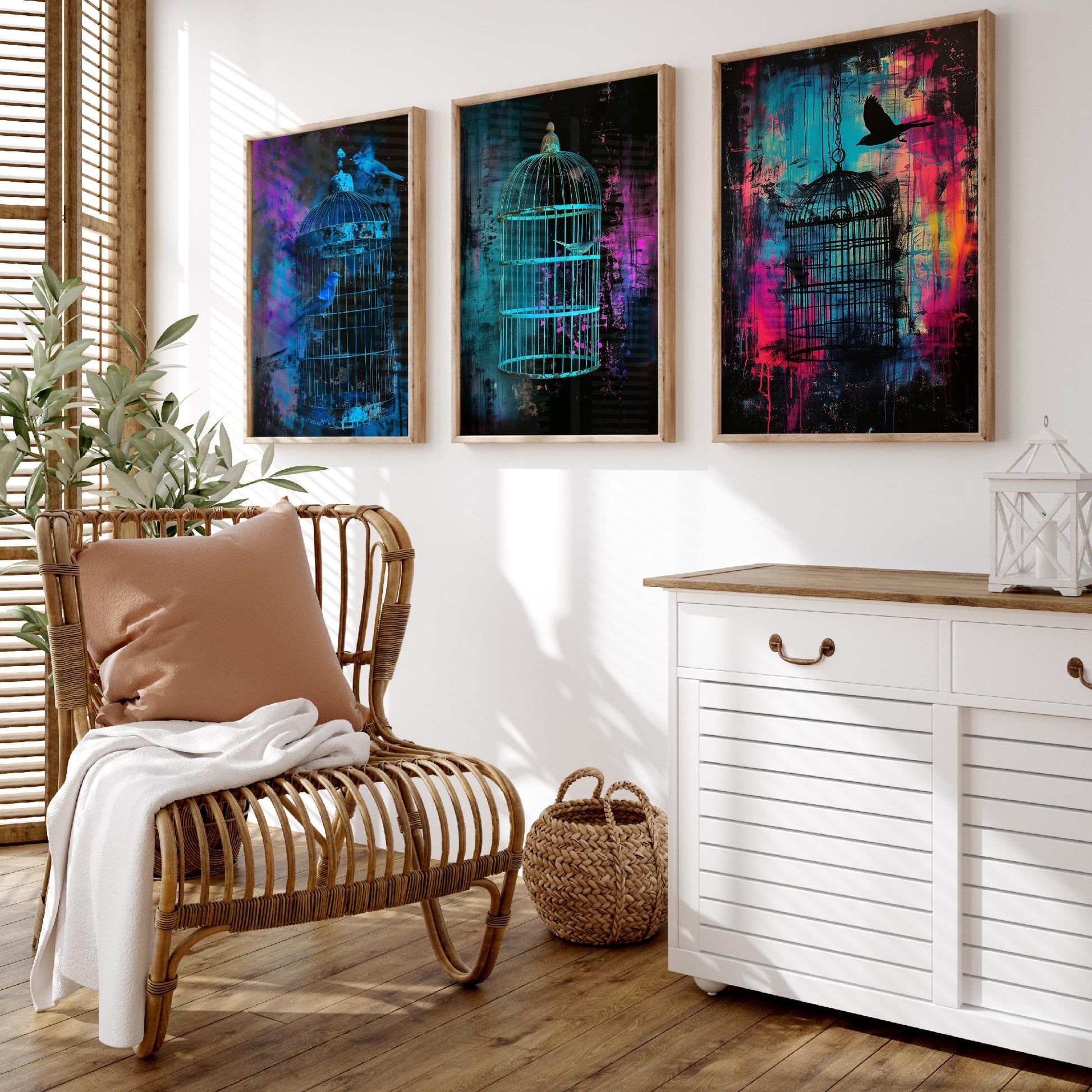 Blue Bird Cage Set of Three Art Prints - Neon Grunge Birdcage Posters - Teal Pink Street Art Style Illustration Wall Decor