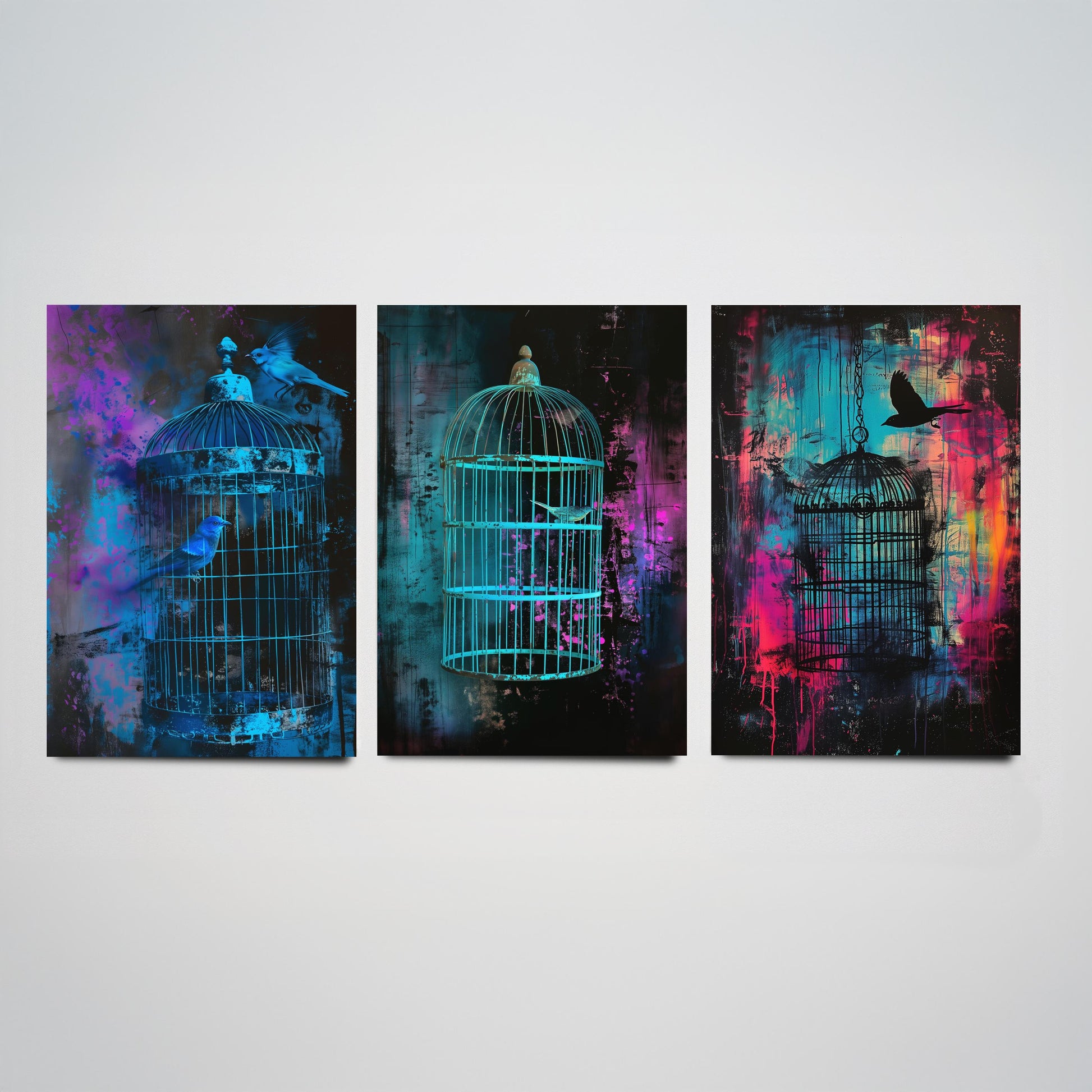 Blue Bird Cage Set of Three Art Prints - Neon Grunge Birdcage Posters - Teal Pink Street Art Style Illustration Wall Decor